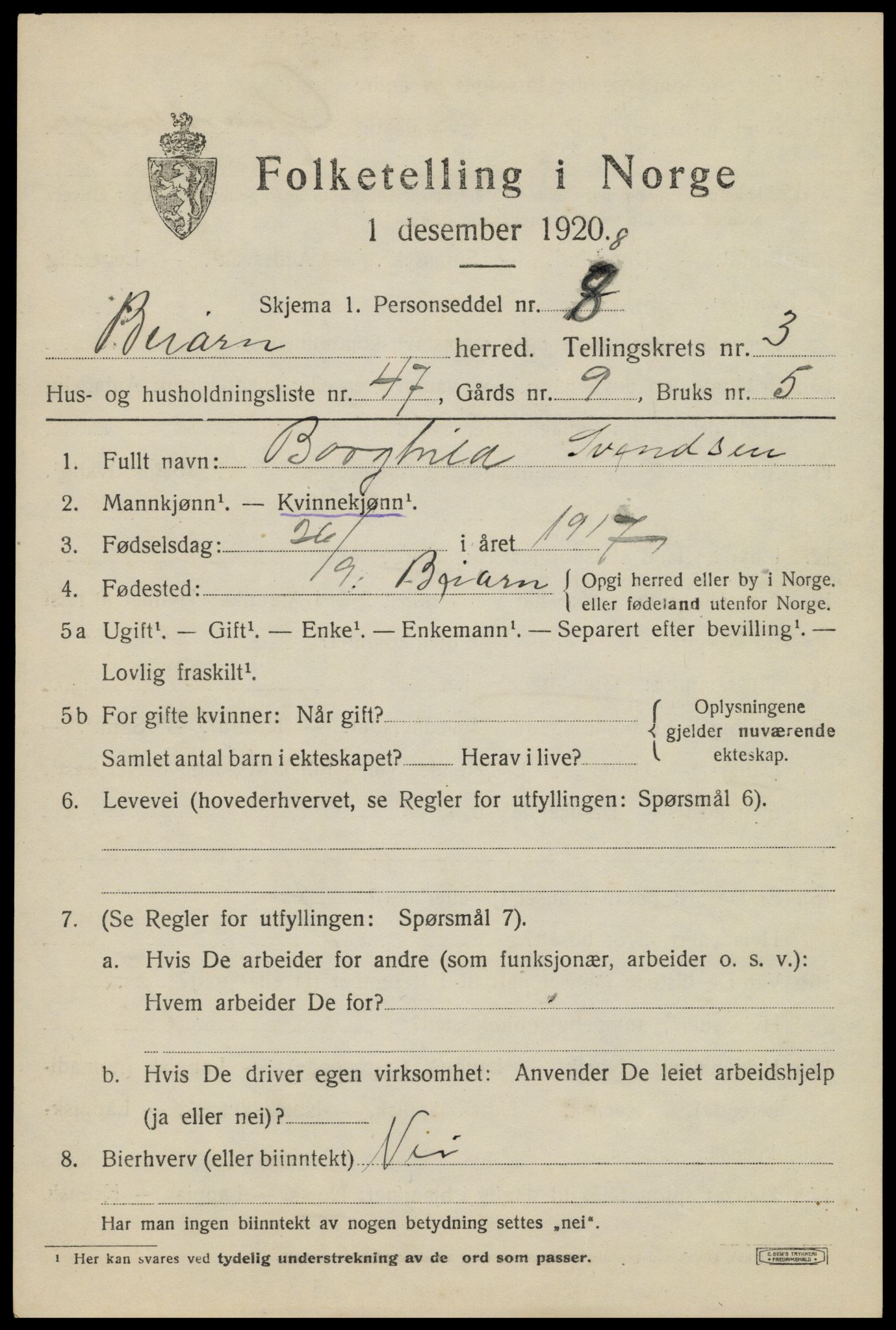 SAT, 1920 census for Beiarn, 1920, p. 1740