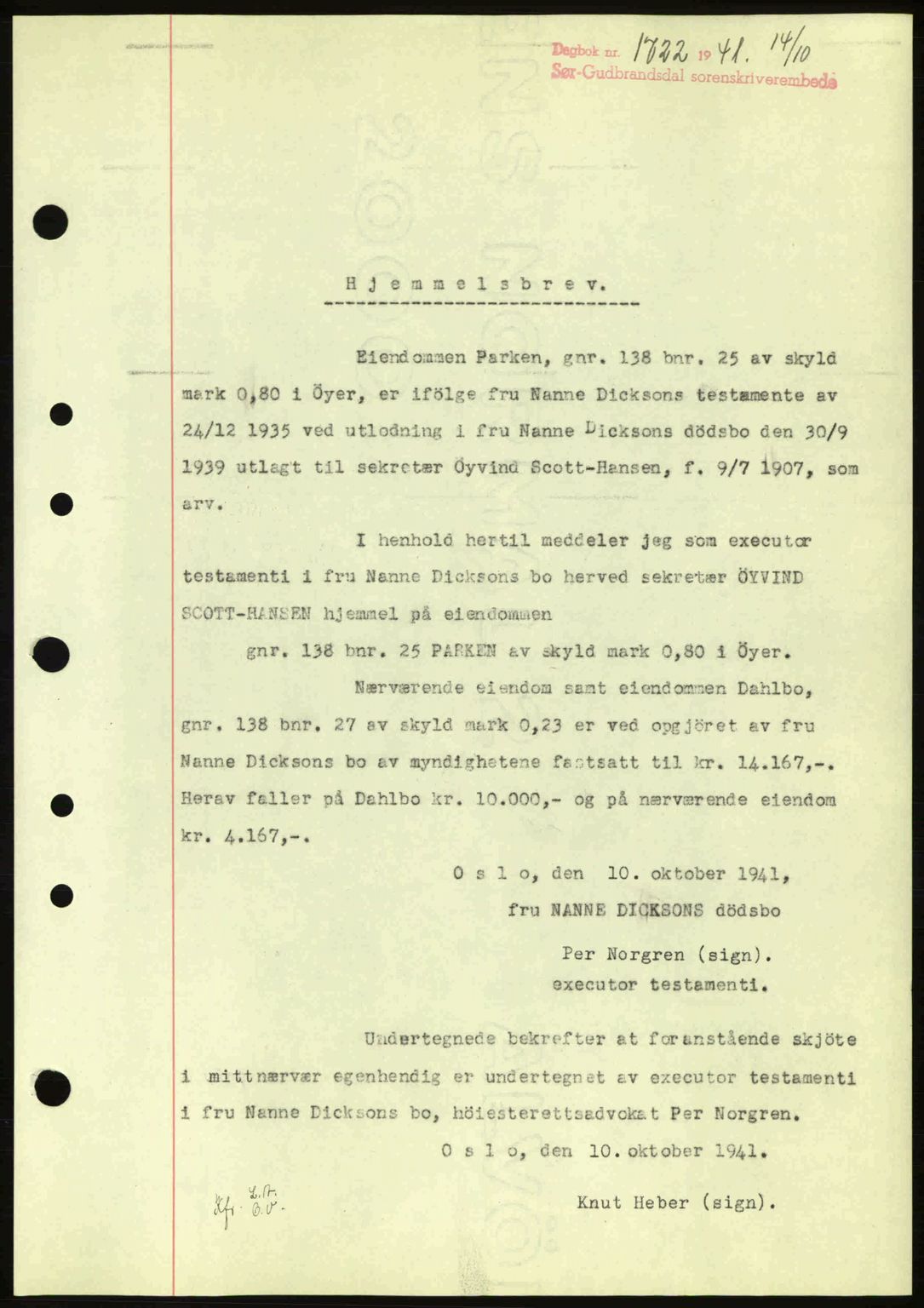 Sør-Gudbrandsdal tingrett, SAH/TING-004/H/Hb/Hbd/L0009: Mortgage book no. A9, 1941-1941, Diary no: : 1722/1941