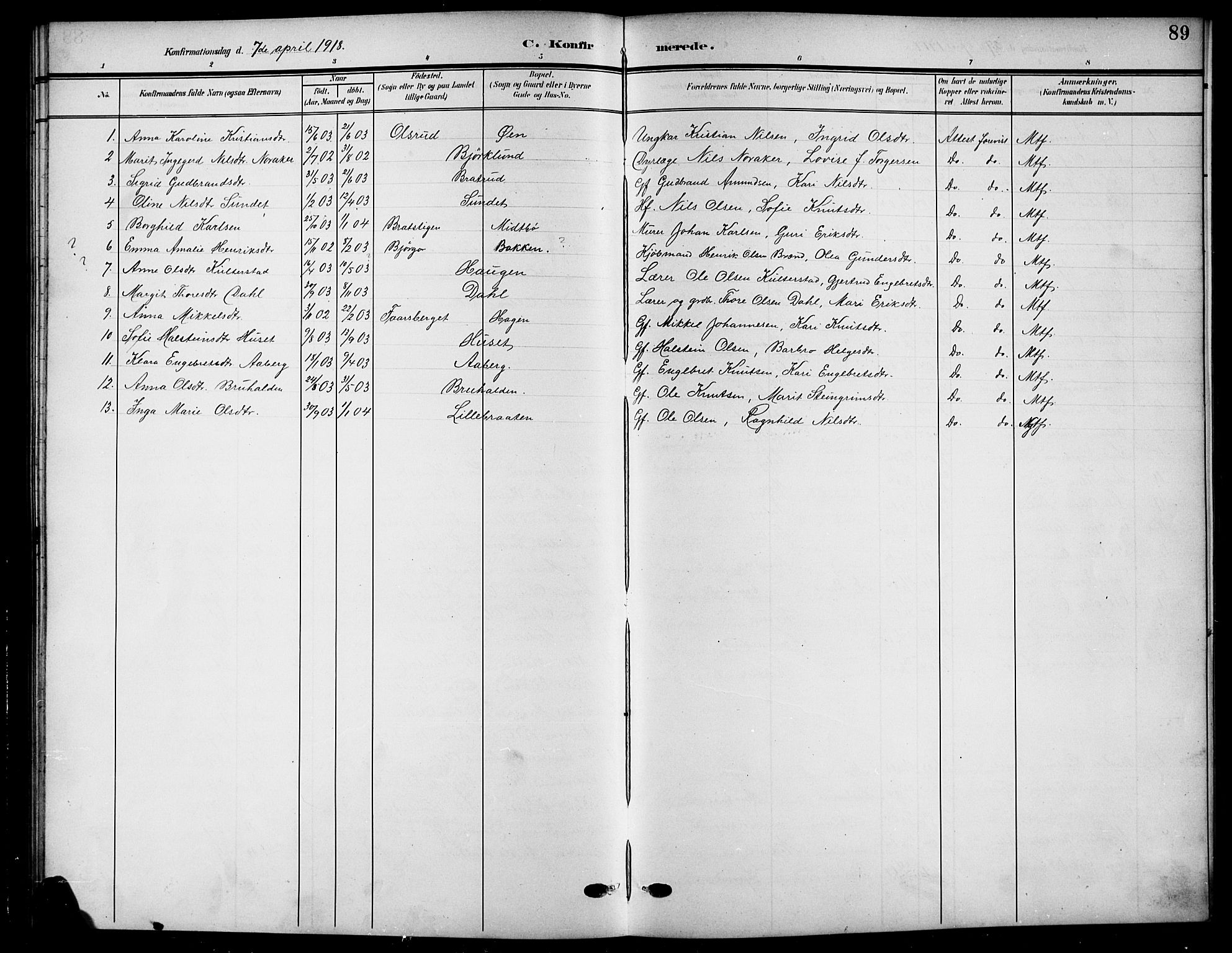Nord-Aurdal prestekontor, SAH/PREST-132/H/Ha/Hab/L0012: Parish register (copy) no. 12, 1907-1920, p. 89
