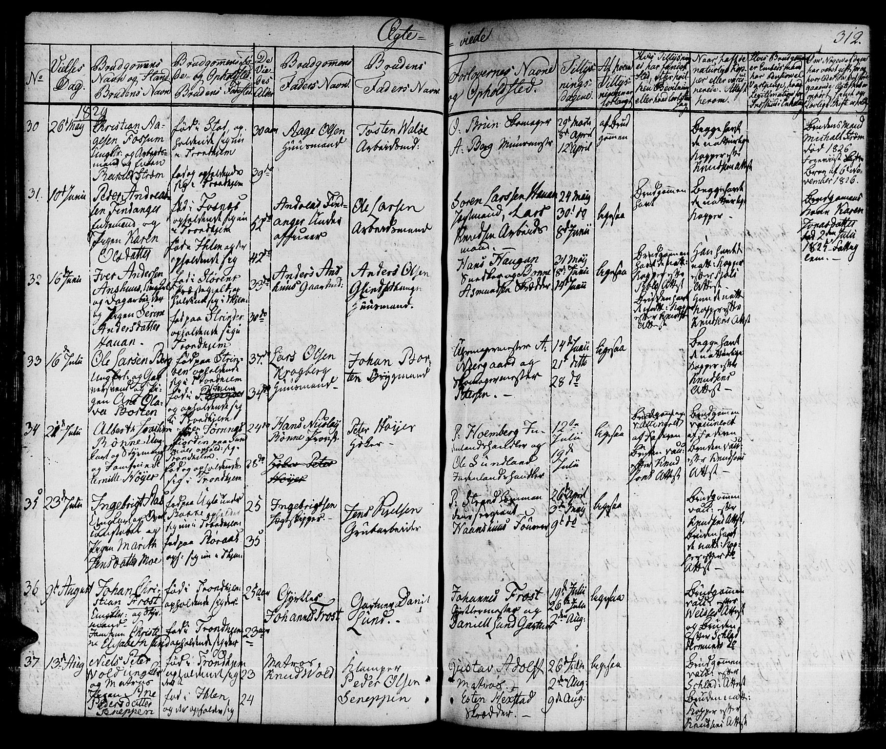 Ministerialprotokoller, klokkerbøker og fødselsregistre - Sør-Trøndelag, SAT/A-1456/601/L0045: Parish register (official) no. 601A13, 1821-1831, p. 312