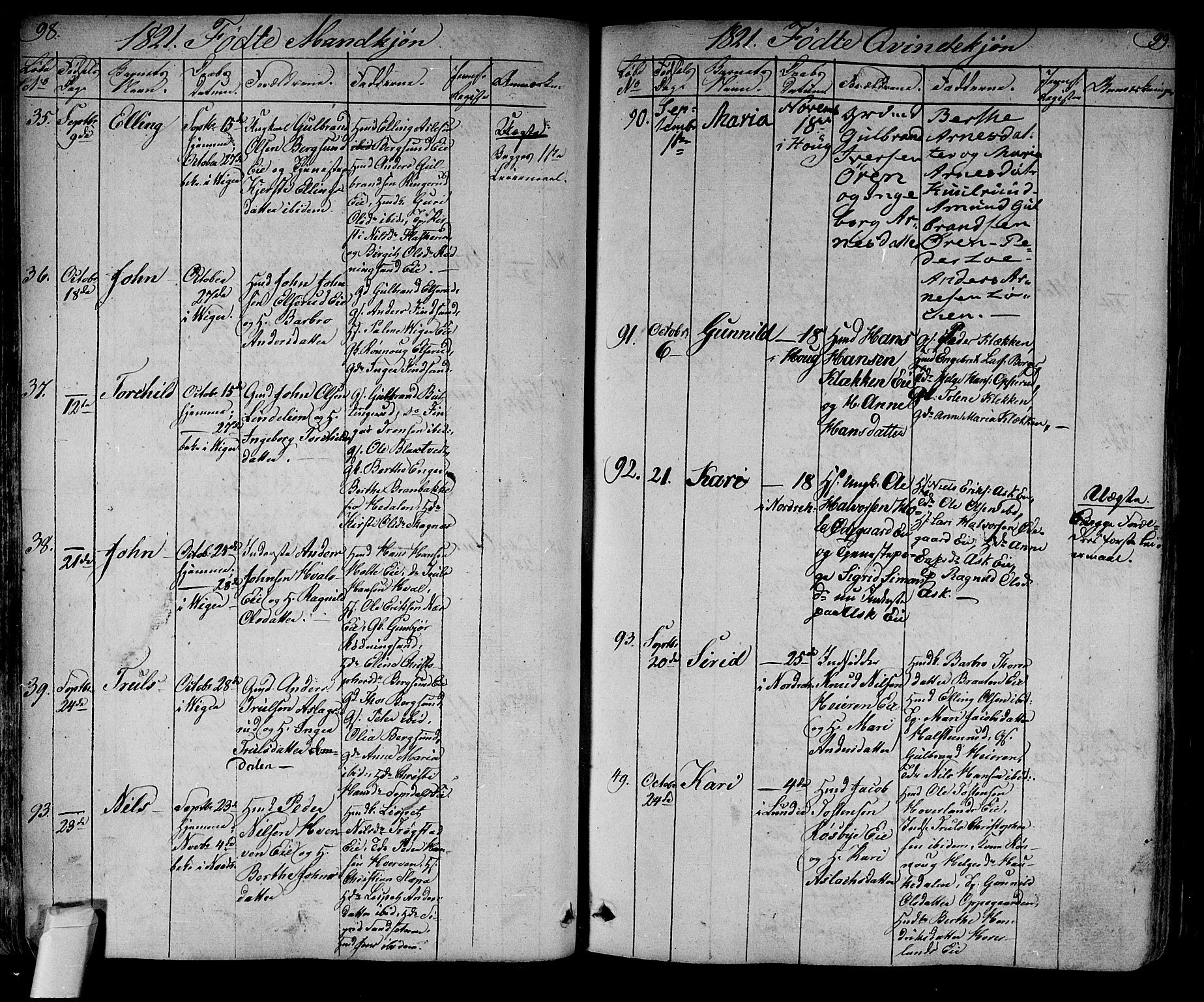 Norderhov kirkebøker, AV/SAKO-A-237/F/Fa/L0009: Parish register (official) no. 9, 1819-1837, p. 98-99