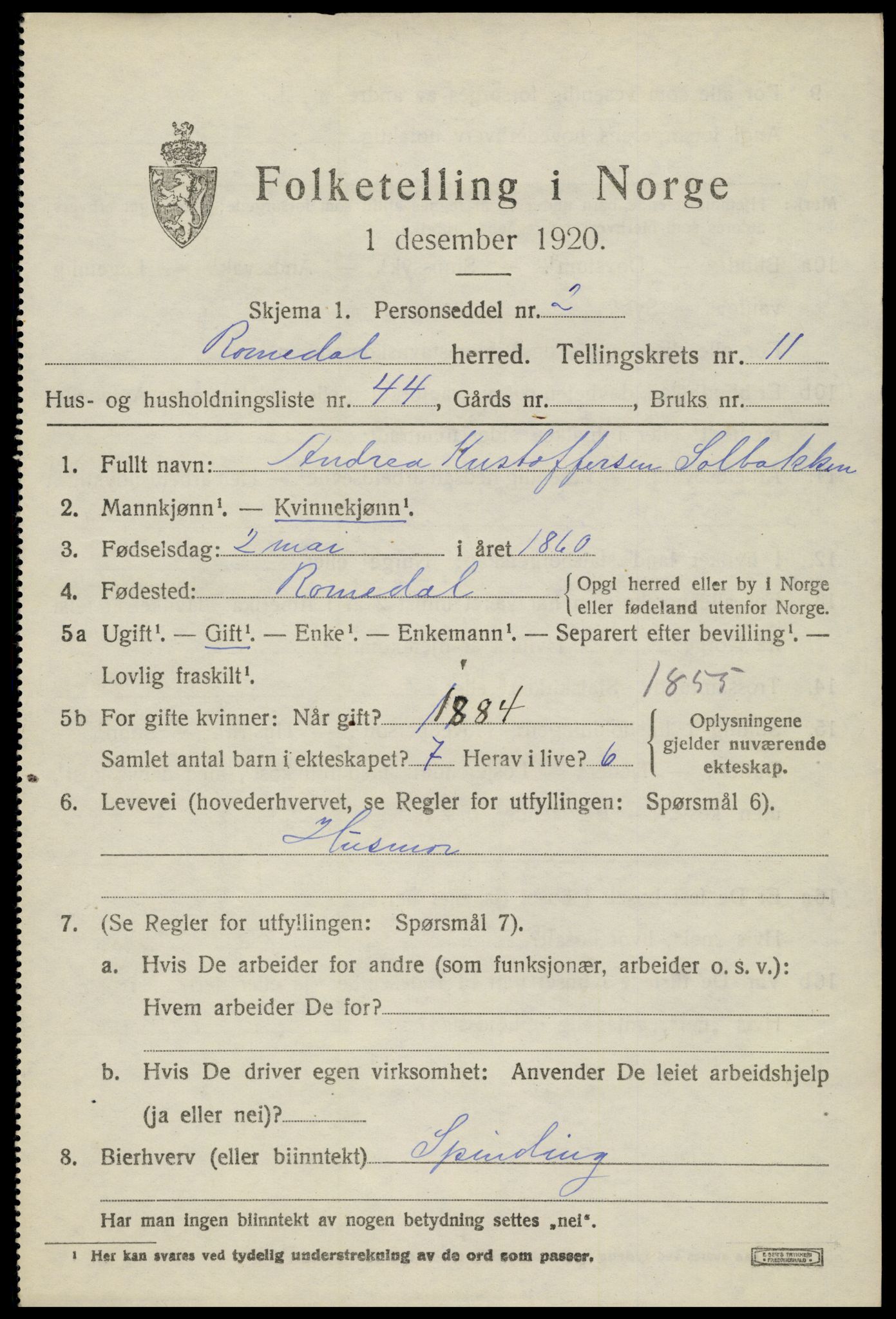 SAH, 1920 census for Romedal, 1920, p. 12593