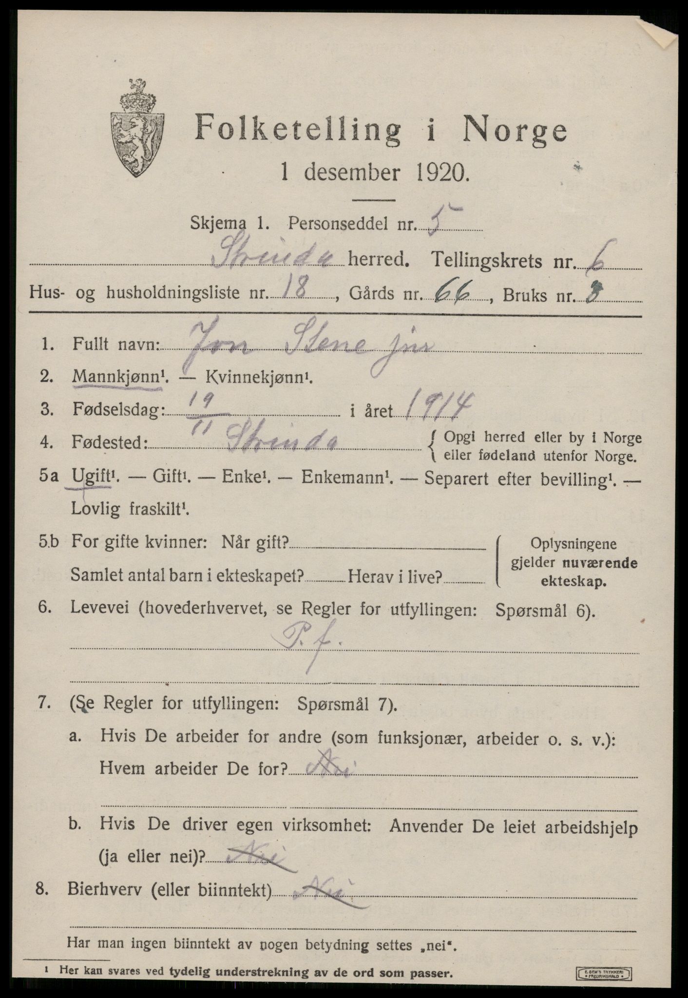 SAT, 1920 census for Strinda, 1920, p. 20252