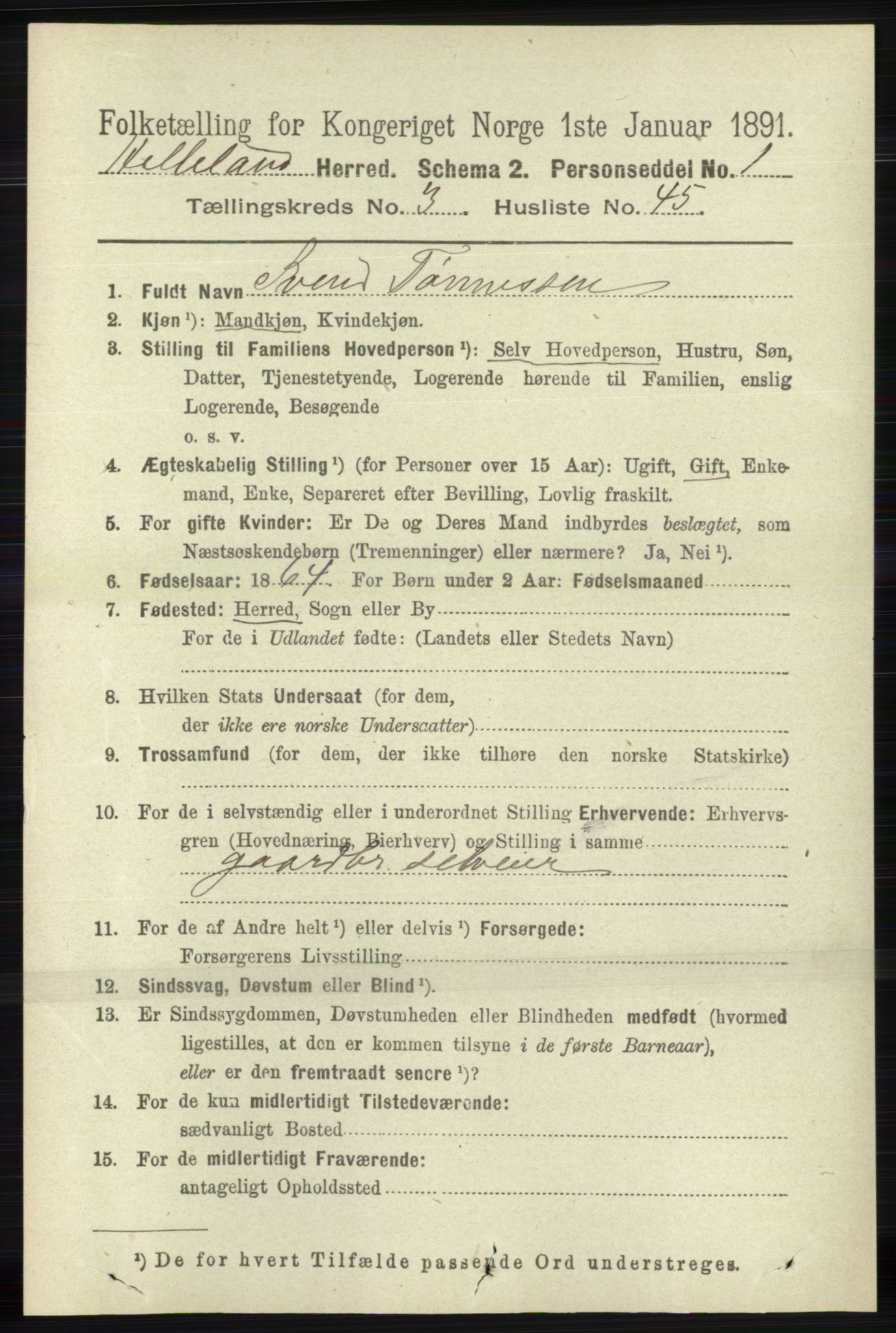 RA, 1891 census for 1115 Helleland, 1891, p. 1090