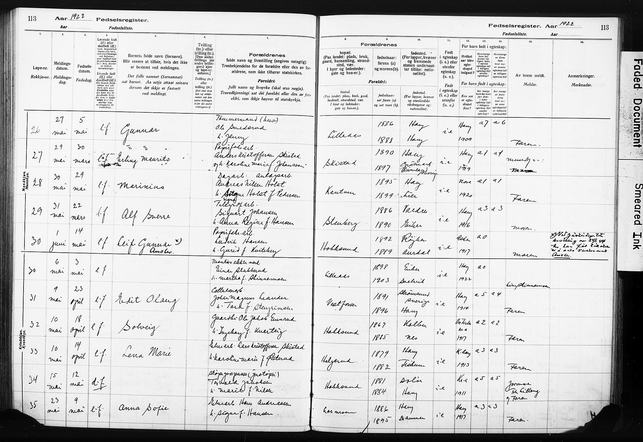 Eiker kirkebøker, AV/SAKO-A-4/J/Ja/L0001: Birth register no. I 1, 1916-1927, p. 113