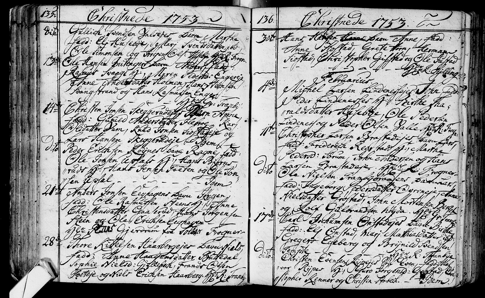 Lier kirkebøker, AV/SAKO-A-230/F/Fa/L0004: Parish register (official) no. I 4, 1749-1764, p. 135-136