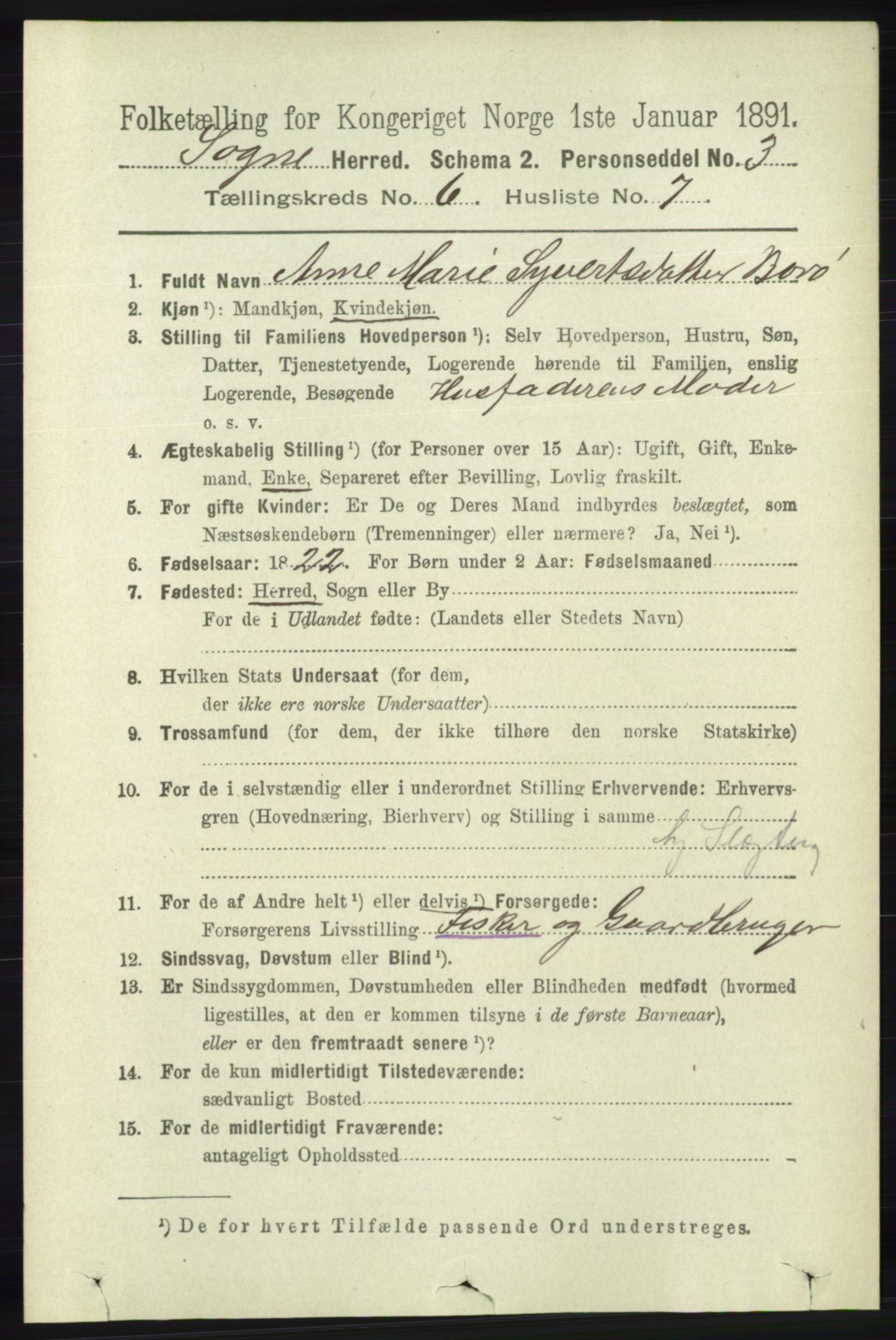 RA, 1891 census for 1018 Søgne, 1891, p. 1404