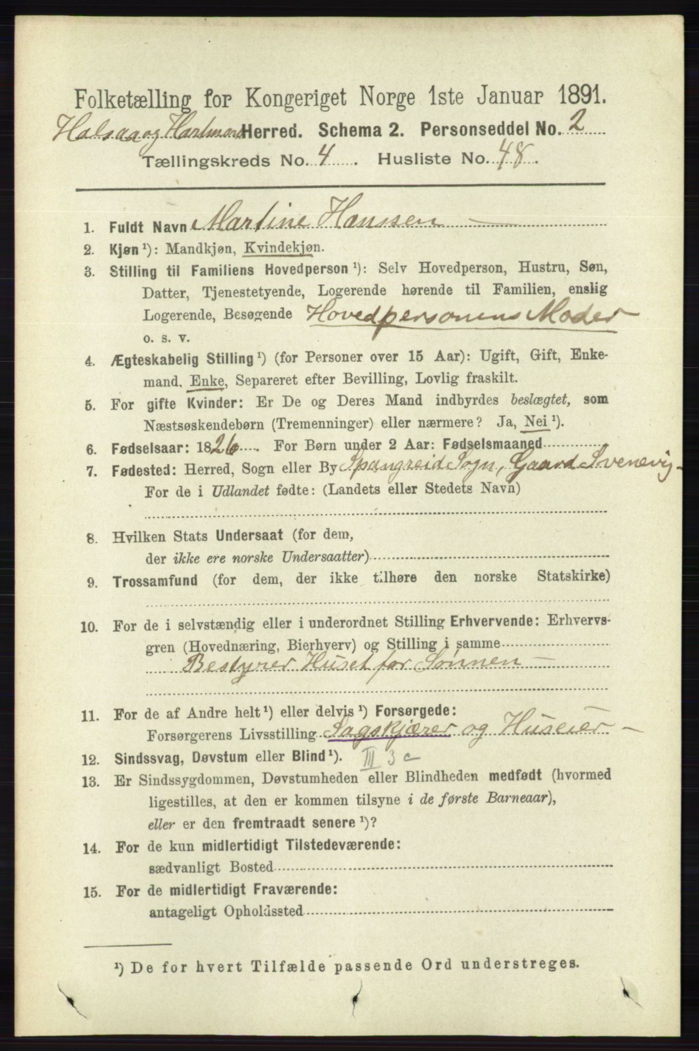 RA, 1891 census for 1019 Halse og Harkmark, 1891, p. 1755