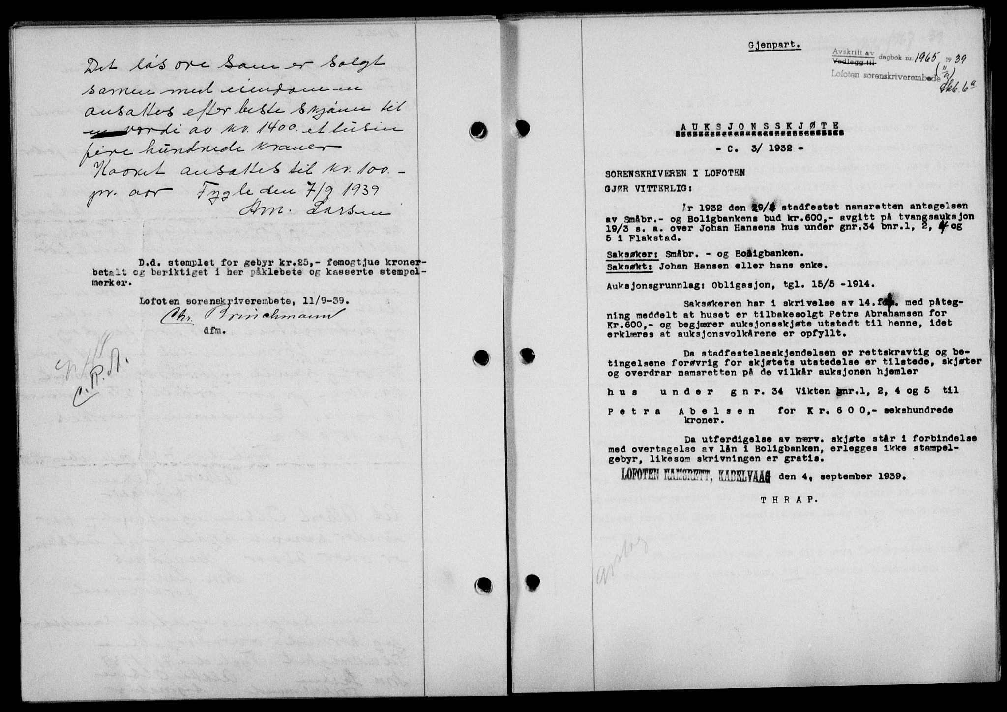 Lofoten sorenskriveri, SAT/A-0017/1/2/2C/L0006a: Mortgage book no. 6a, 1939-1939, Diary no: : 1965/1939