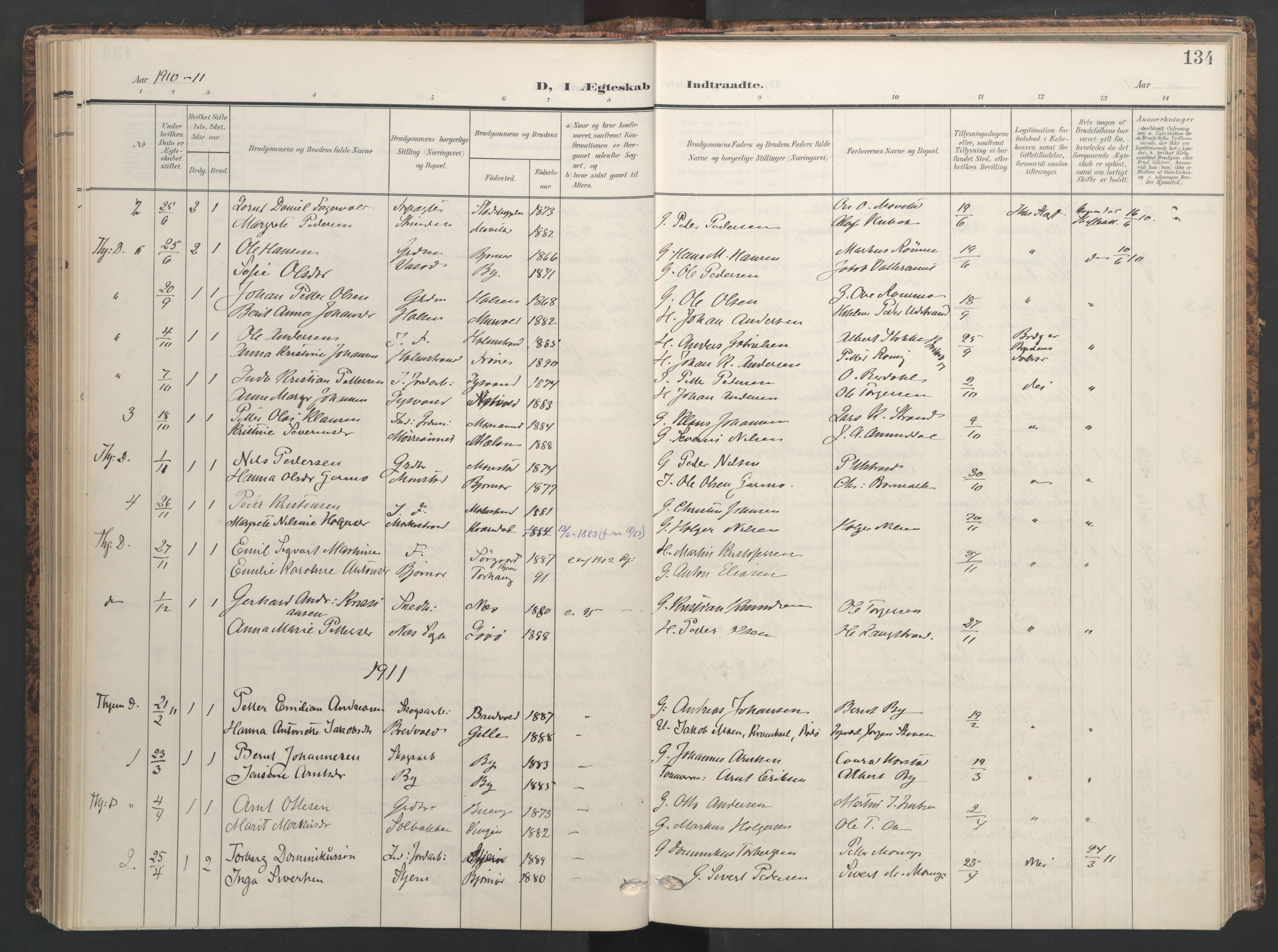 Ministerialprotokoller, klokkerbøker og fødselsregistre - Sør-Trøndelag, SAT/A-1456/655/L0682: Parish register (official) no. 655A11, 1908-1922, p. 134