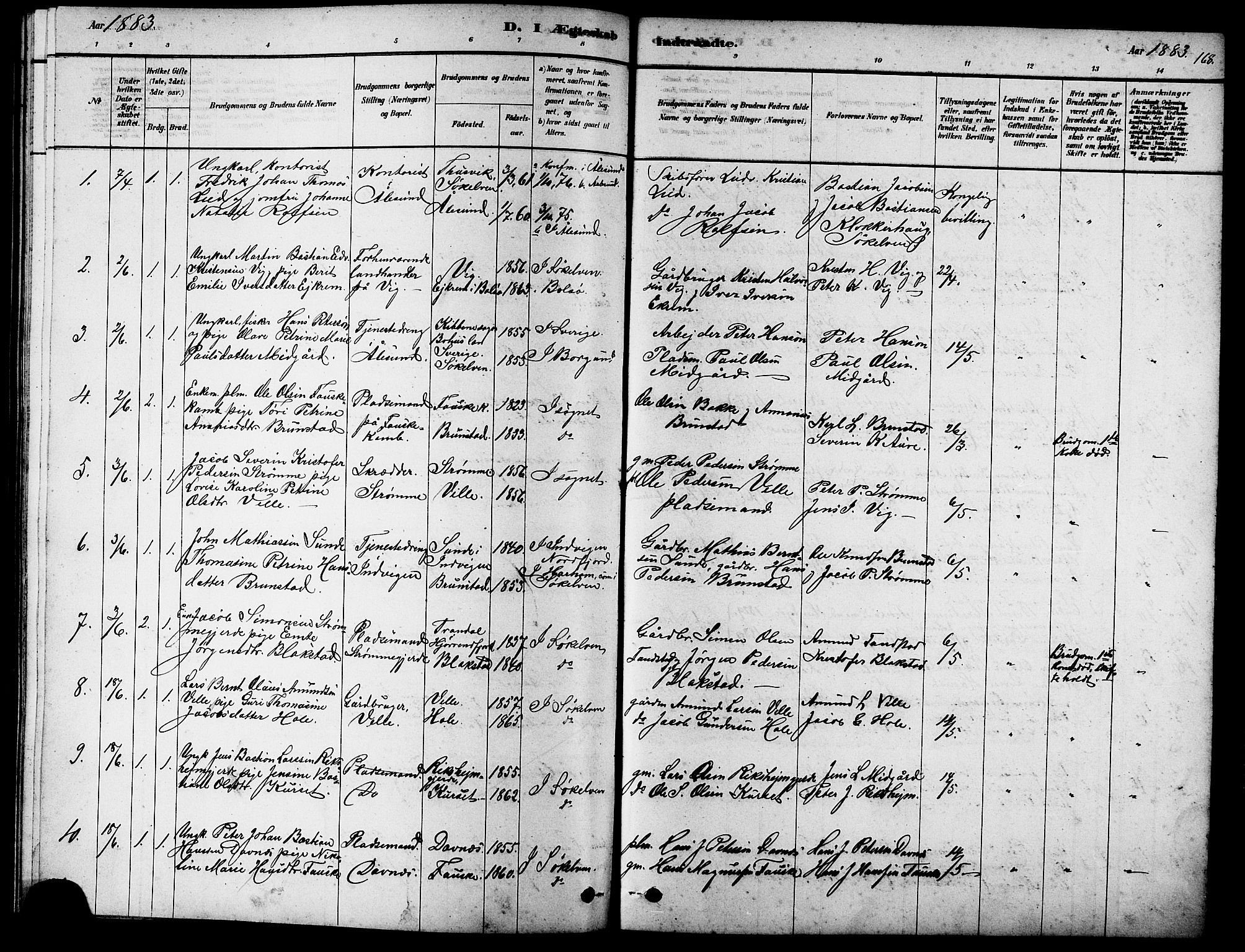 Ministerialprotokoller, klokkerbøker og fødselsregistre - Møre og Romsdal, AV/SAT-A-1454/523/L0339: Parish register (copy) no. 523C02, 1878-1891, p. 168