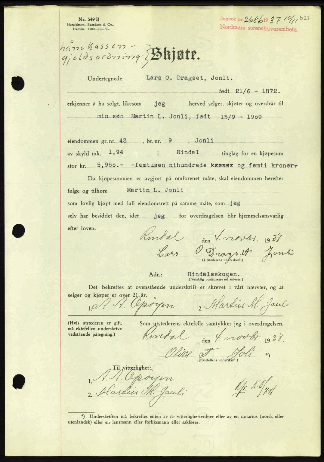 Nordmøre sorenskriveri, SAT/A-4132/1/2/2Ca: Mortgage book no. A82, 1937-1938, Diary no: : 2686/1937