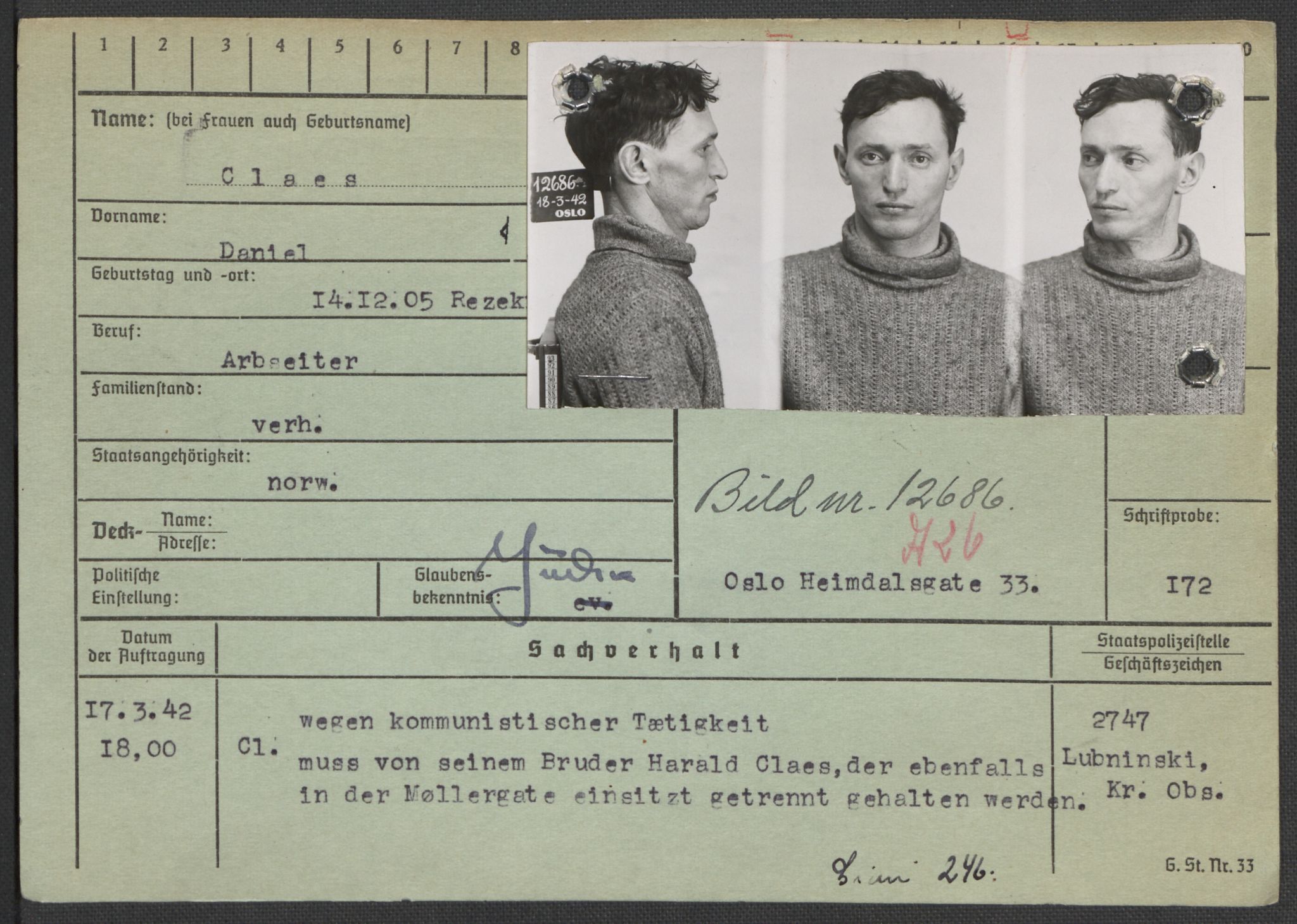 Befehlshaber der Sicherheitspolizei und des SD, RA/RAFA-5969/E/Ea/Eaa/L0002: Register over norske fanger i Møllergata 19: Bj-Eng, 1940-1945, p. 801