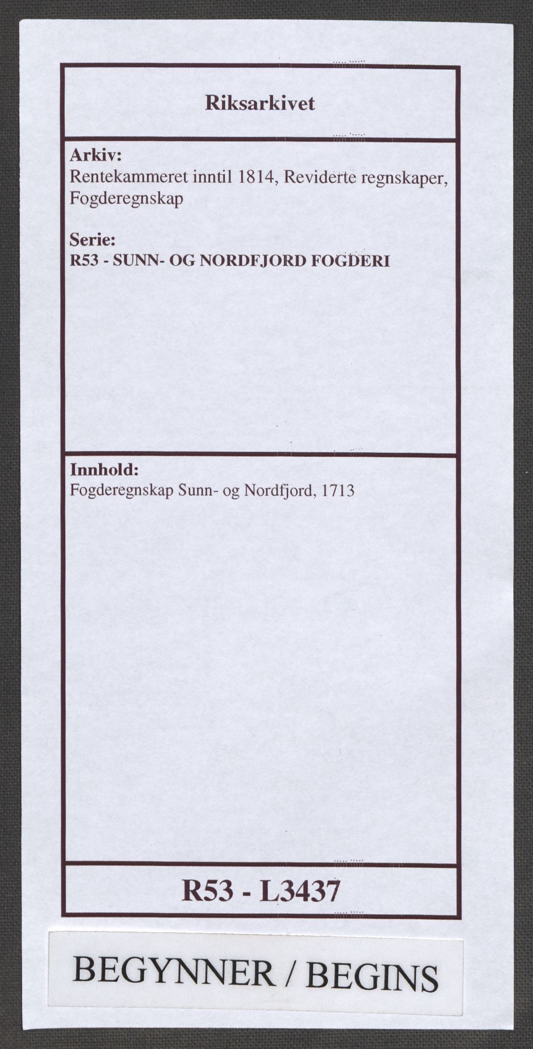 Rentekammeret inntil 1814, Reviderte regnskaper, Fogderegnskap, RA/EA-4092/R53/L3437: Fogderegnskap Sunn- og Nordfjord, 1713, p. 1