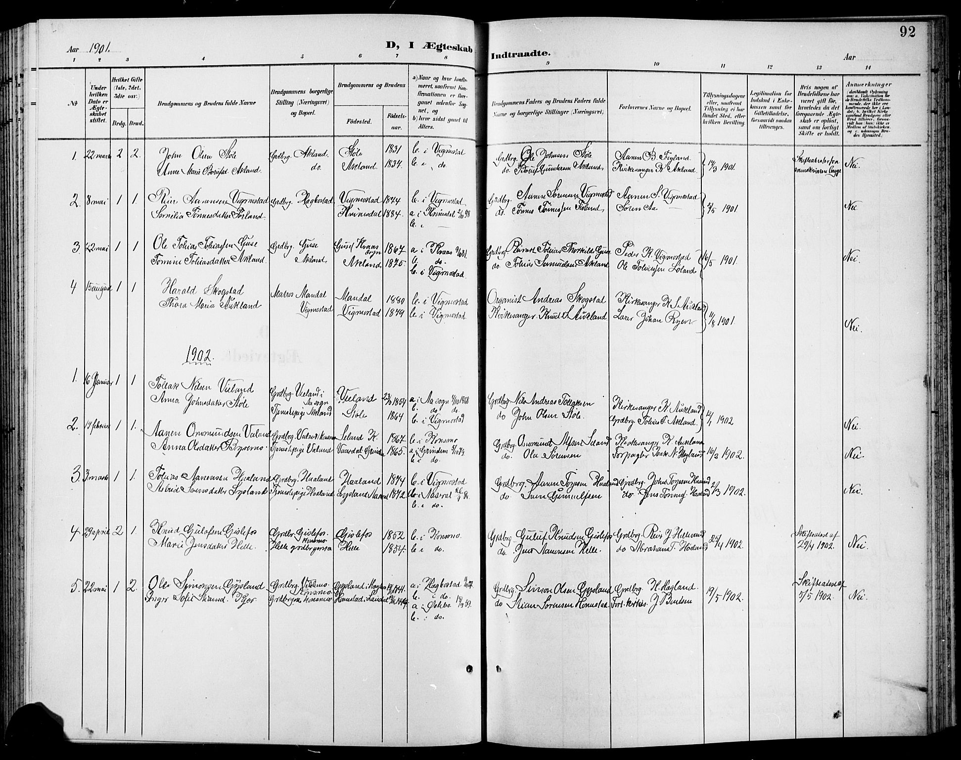 Nord-Audnedal sokneprestkontor, AV/SAK-1111-0032/F/Fb/Fbb/L0004: Parish register (copy) no. B 4, 1901-1917, p. 92