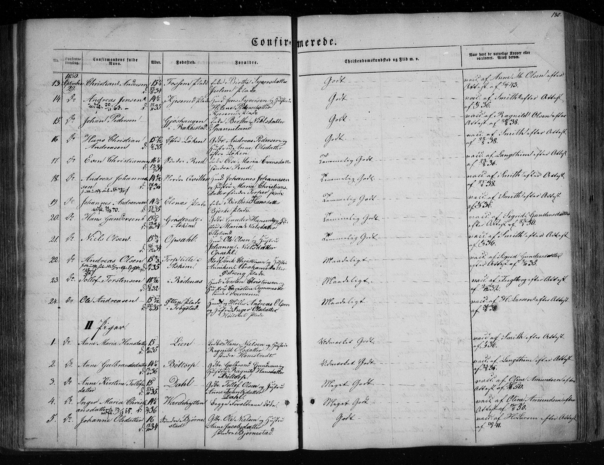 Eidsberg prestekontor Kirkebøker, SAO/A-10905/F/Fa/L0009: Parish register (official) no. I 9, 1849-1856, p. 180