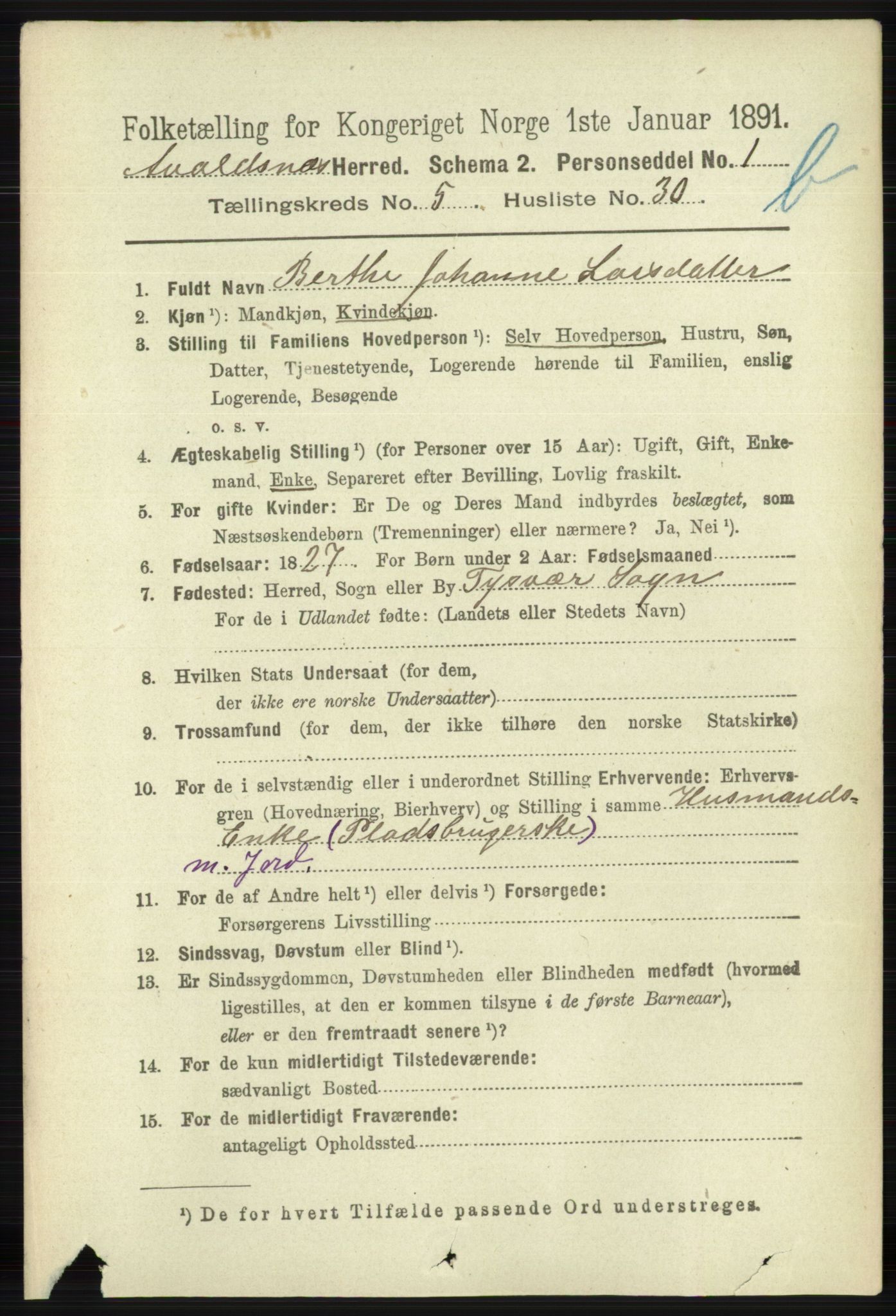 RA, 1891 census for 1147 Avaldsnes, 1891, p. 3164