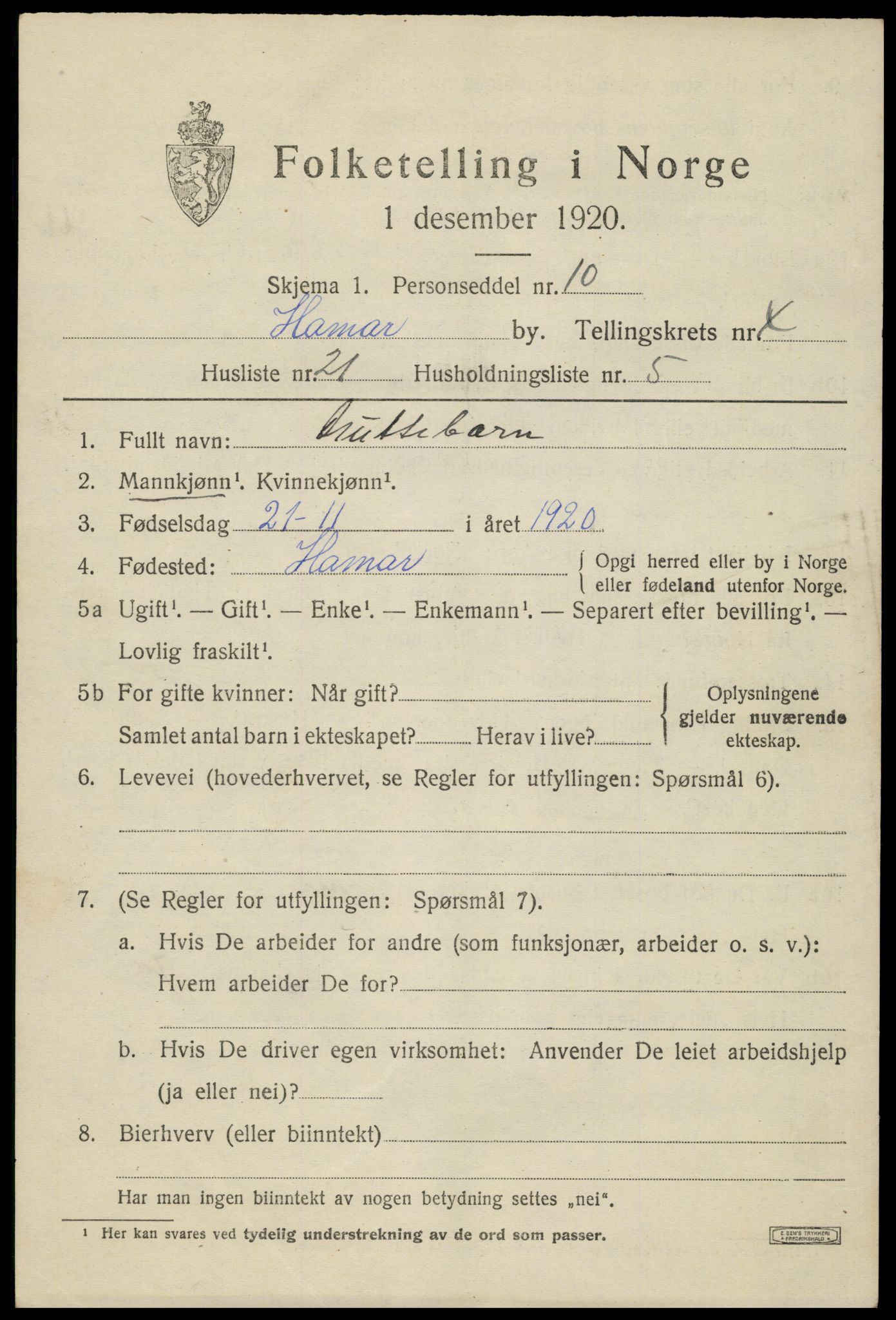 SAH, 1920 census for Hamar, 1920, p. 8673