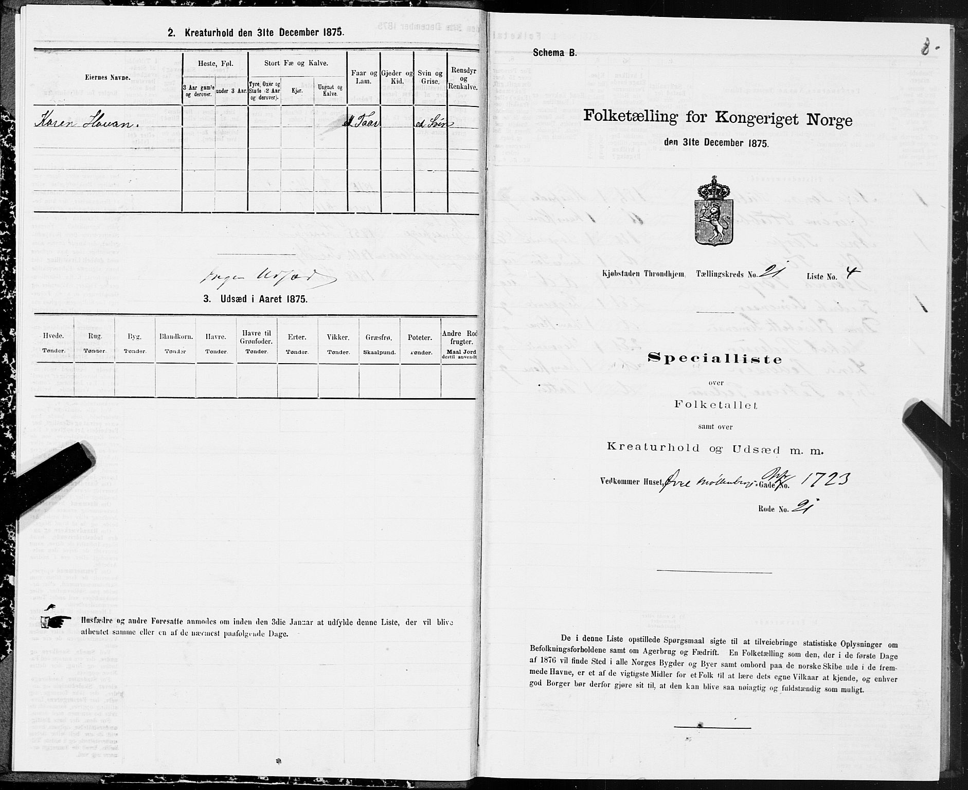 SAT, 1875 census for 1601 Trondheim, 1875, p. 11008