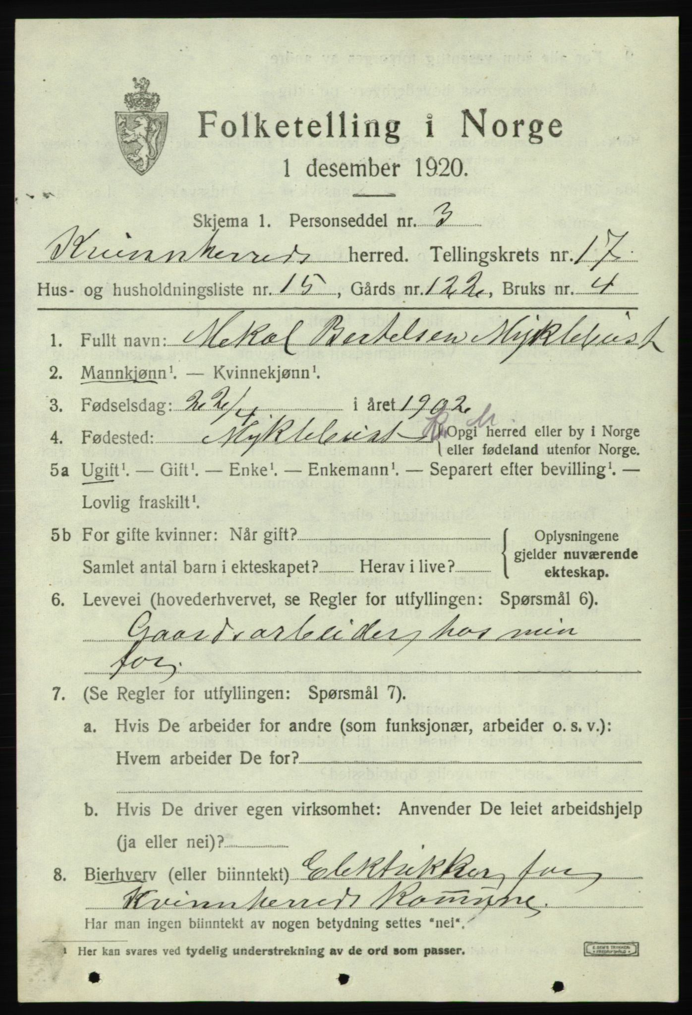 SAB, 1920 census for Kvinnherad, 1920, p. 10622