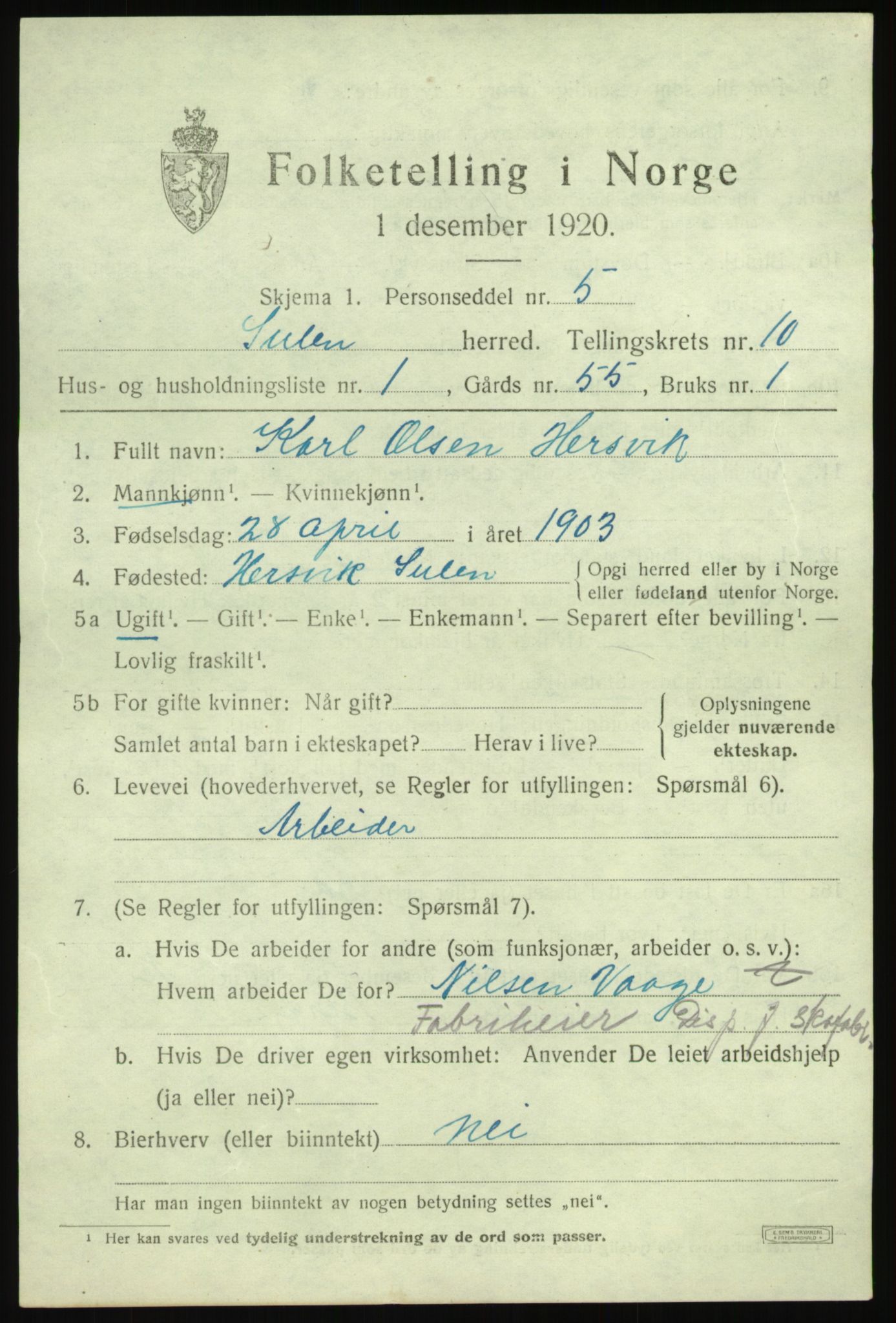 SAB, 1920 census for Solund, 1920, p. 3414