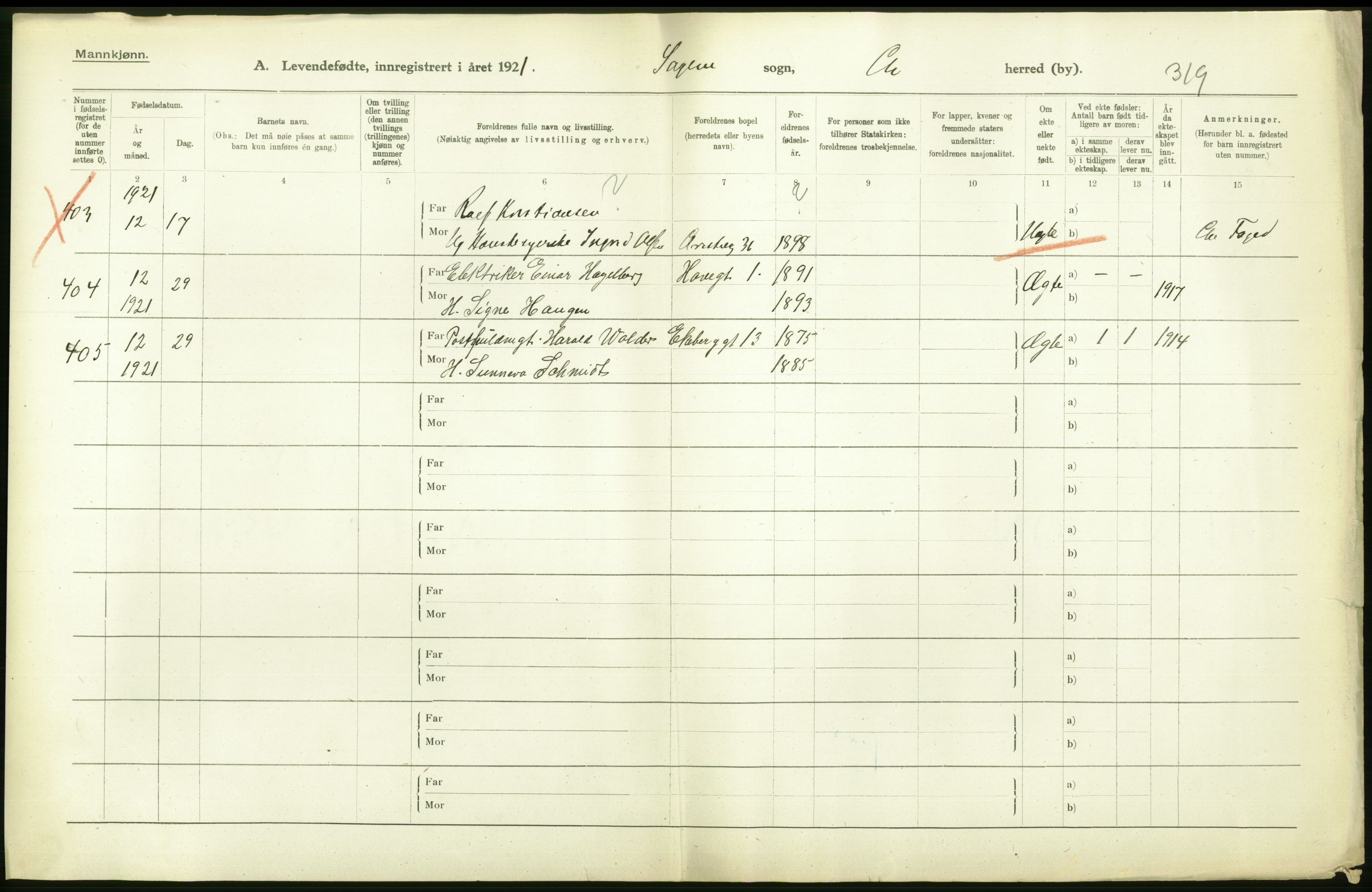 Statistisk sentralbyrå, Sosiodemografiske emner, Befolkning, AV/RA-S-2228/D/Df/Dfc/Dfca/L0010: Kristiania: Levendefødte menn og kvinner., 1921, p. 410