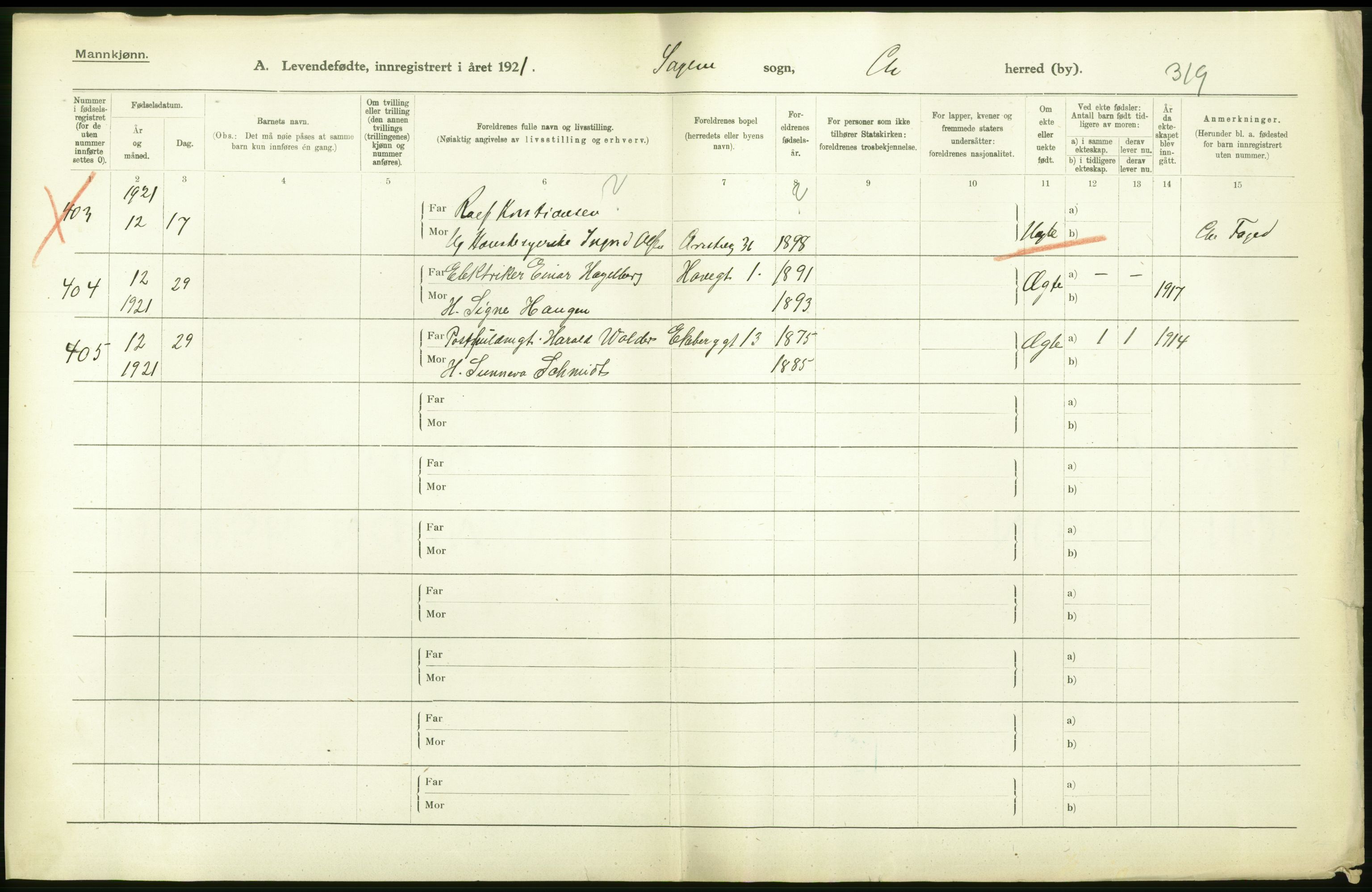 Statistisk sentralbyrå, Sosiodemografiske emner, Befolkning, RA/S-2228/D/Df/Dfc/Dfca/L0010: Kristiania: Levendefødte menn og kvinner., 1921, p. 410