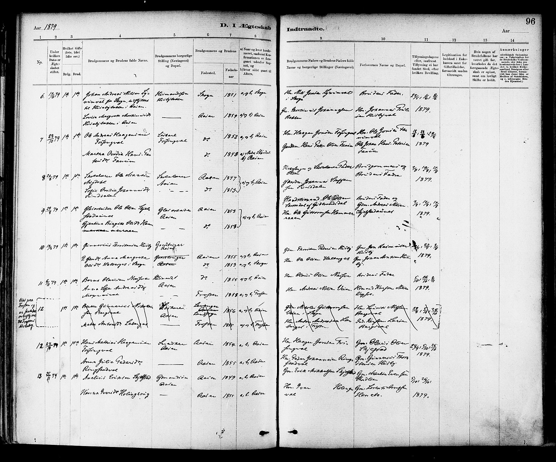 Ministerialprotokoller, klokkerbøker og fødselsregistre - Nord-Trøndelag, AV/SAT-A-1458/714/L0130: Parish register (official) no. 714A01, 1878-1895, p. 96