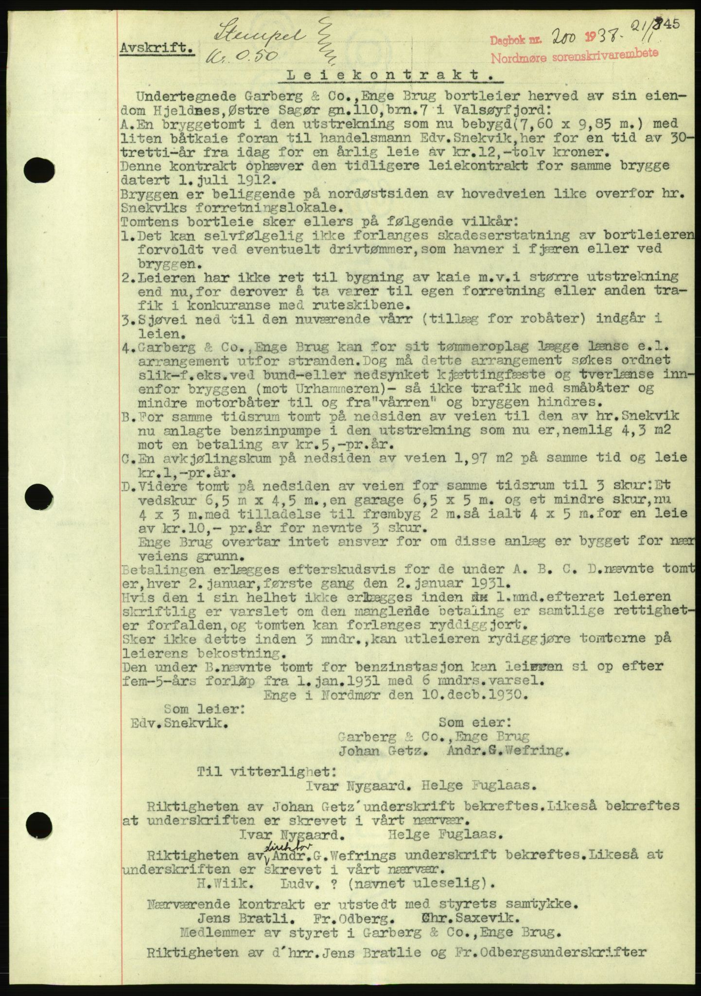 Nordmøre sorenskriveri, AV/SAT-A-4132/1/2/2Ca/L0090: Mortgage book no. B80, 1936-1937, Diary no: : 200/1937