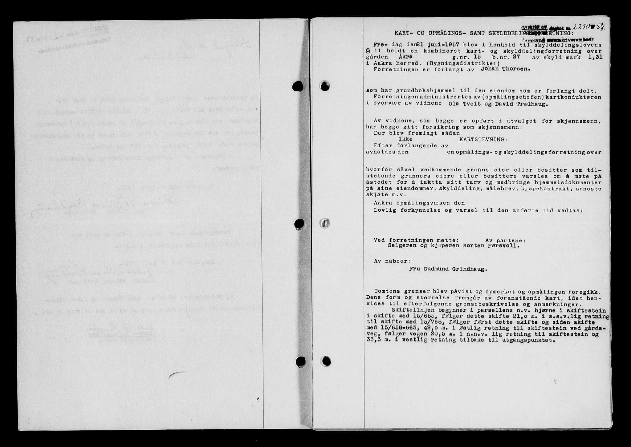 Karmsund sorenskriveri, AV/SAST-A-100311/01/II/IIB/L0125: Mortgage book no. 105A, 1957-1957, Diary no: : 2250/1957