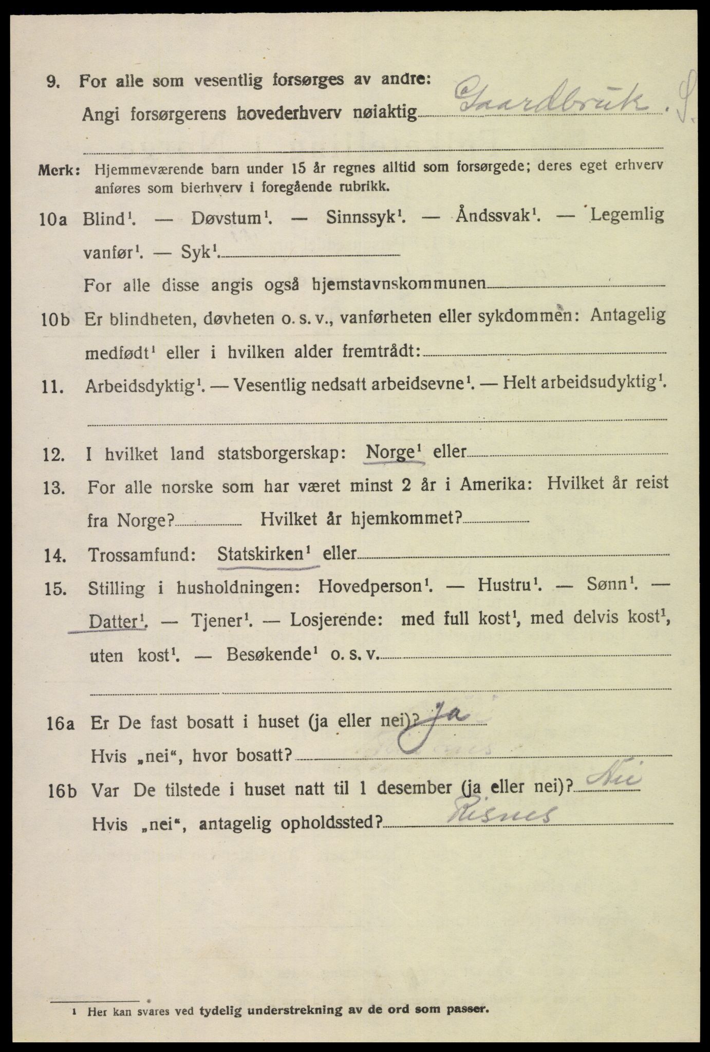SAK, 1920 census for Fjotland, 1920, p. 1209
