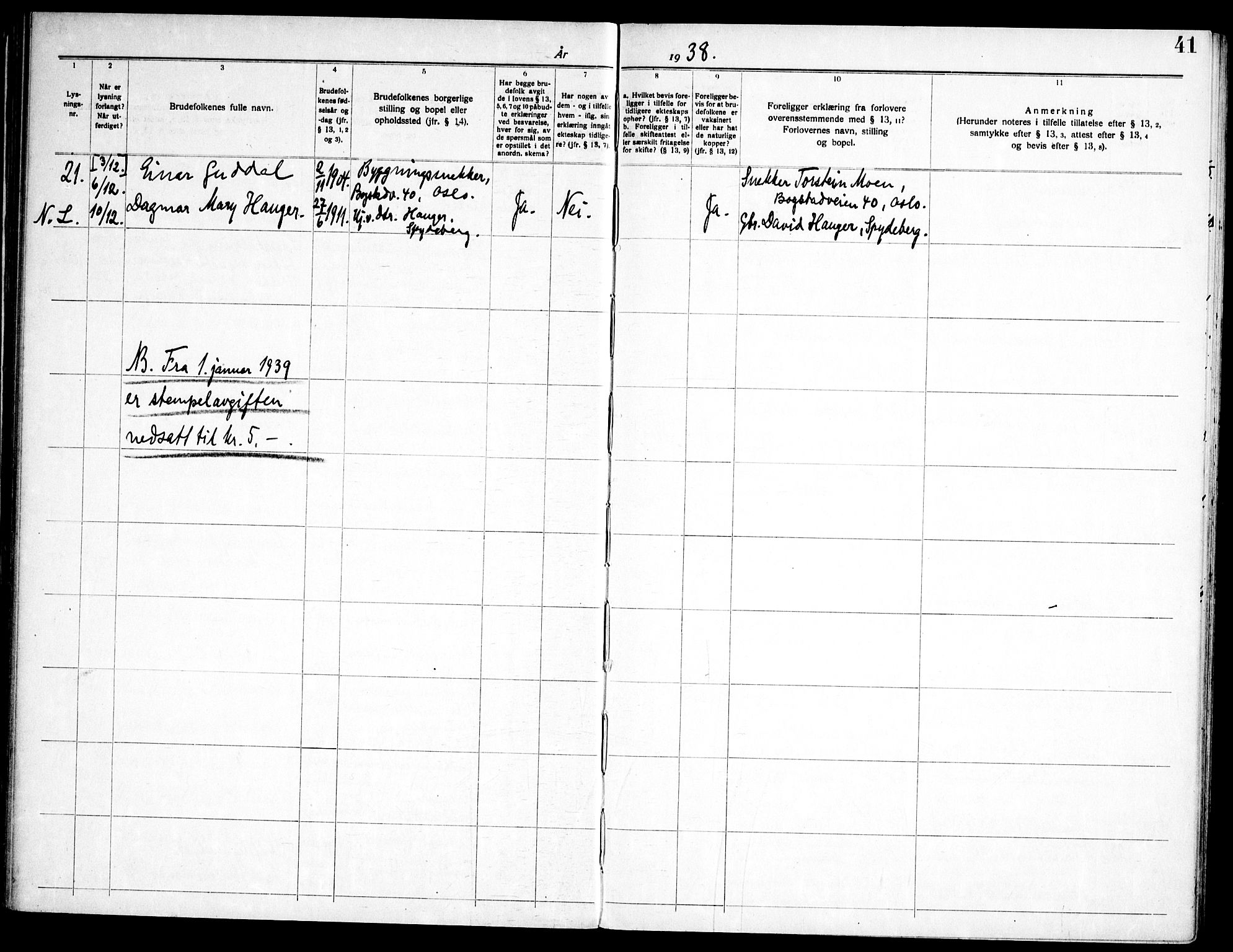 Spydeberg prestekontor Kirkebøker, SAO/A-10924/H/Ha/L0001: Banns register no. 1, 1919-1966, p. 41