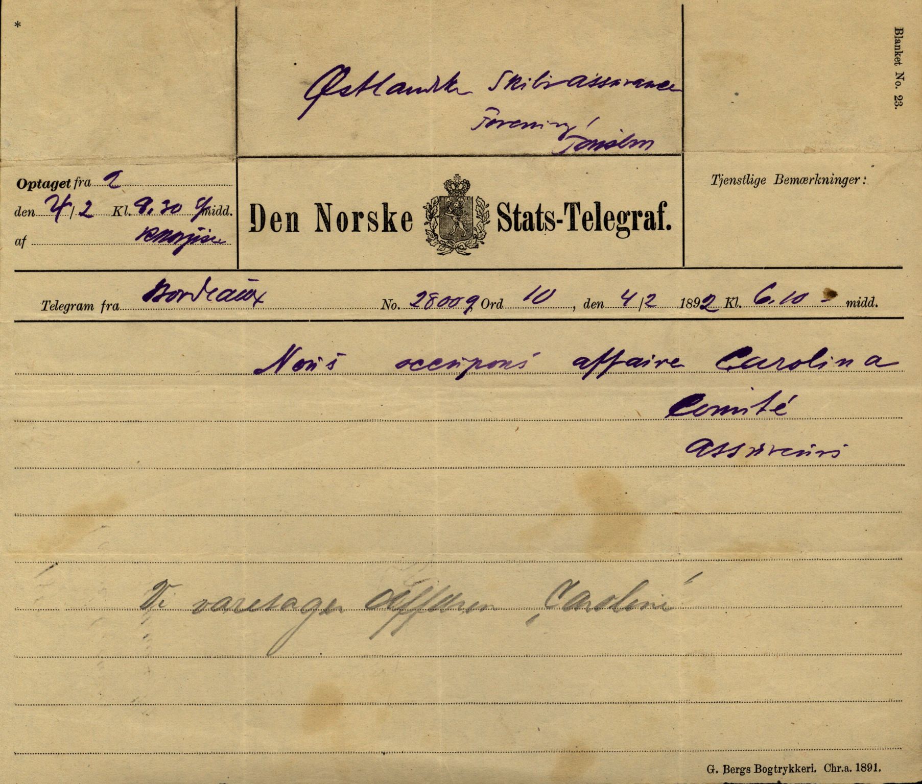 Pa 63 - Østlandske skibsassuranceforening, VEMU/A-1079/G/Ga/L0028/0005: Havaridokumenter / Tjømø, Magnolia, Caroline, Olaf, Stjernen, 1892, p. 83