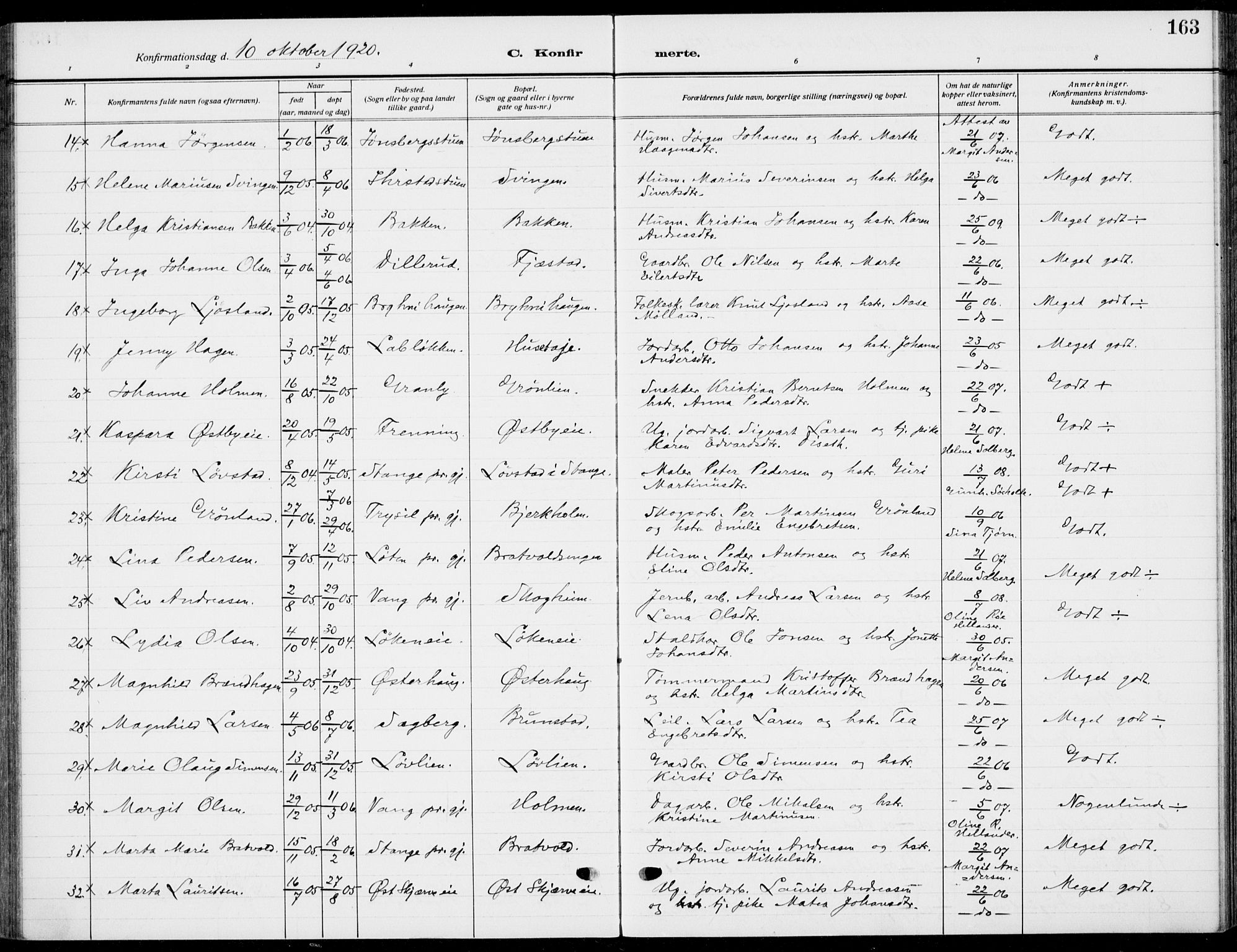 Romedal prestekontor, AV/SAH-PREST-004/K/L0012: Parish register (official) no. 12, 1913-1935, p. 163