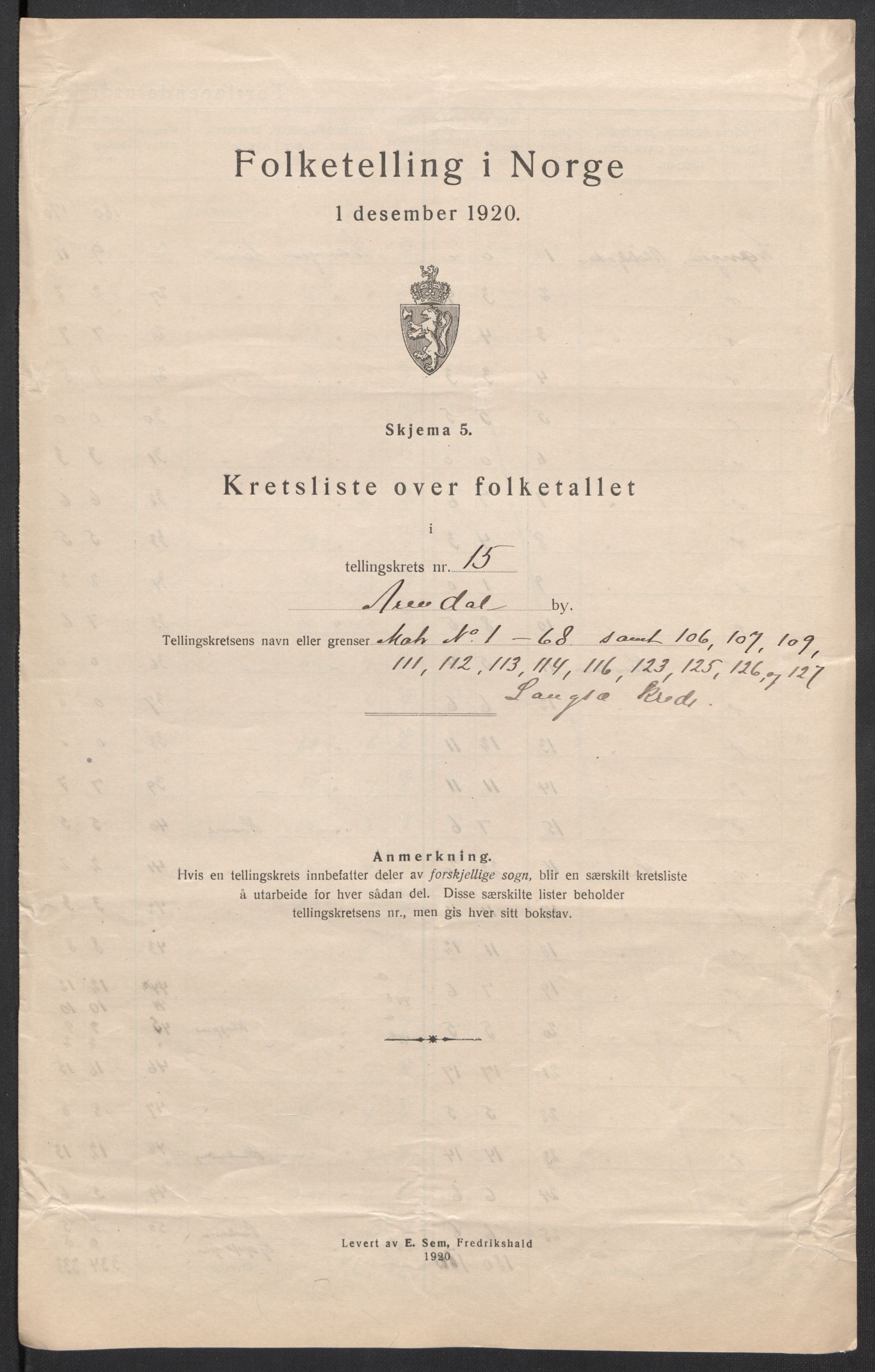 SAK, 1920 census for Arendal, 1920, p. 50