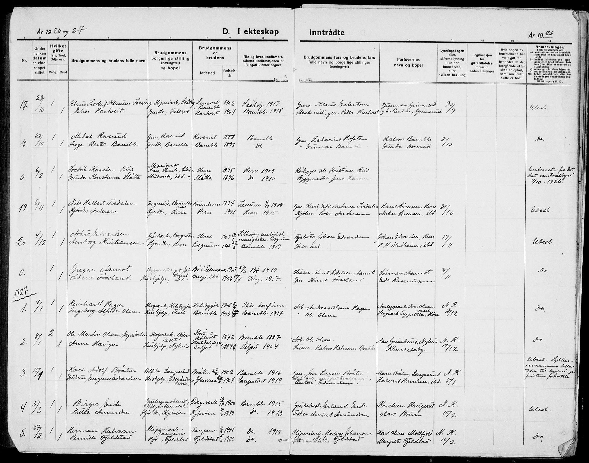 Bamble kirkebøker, SAKO/A-253/G/Ga/L0011: Parish register (copy) no. I 11, 1920-1935