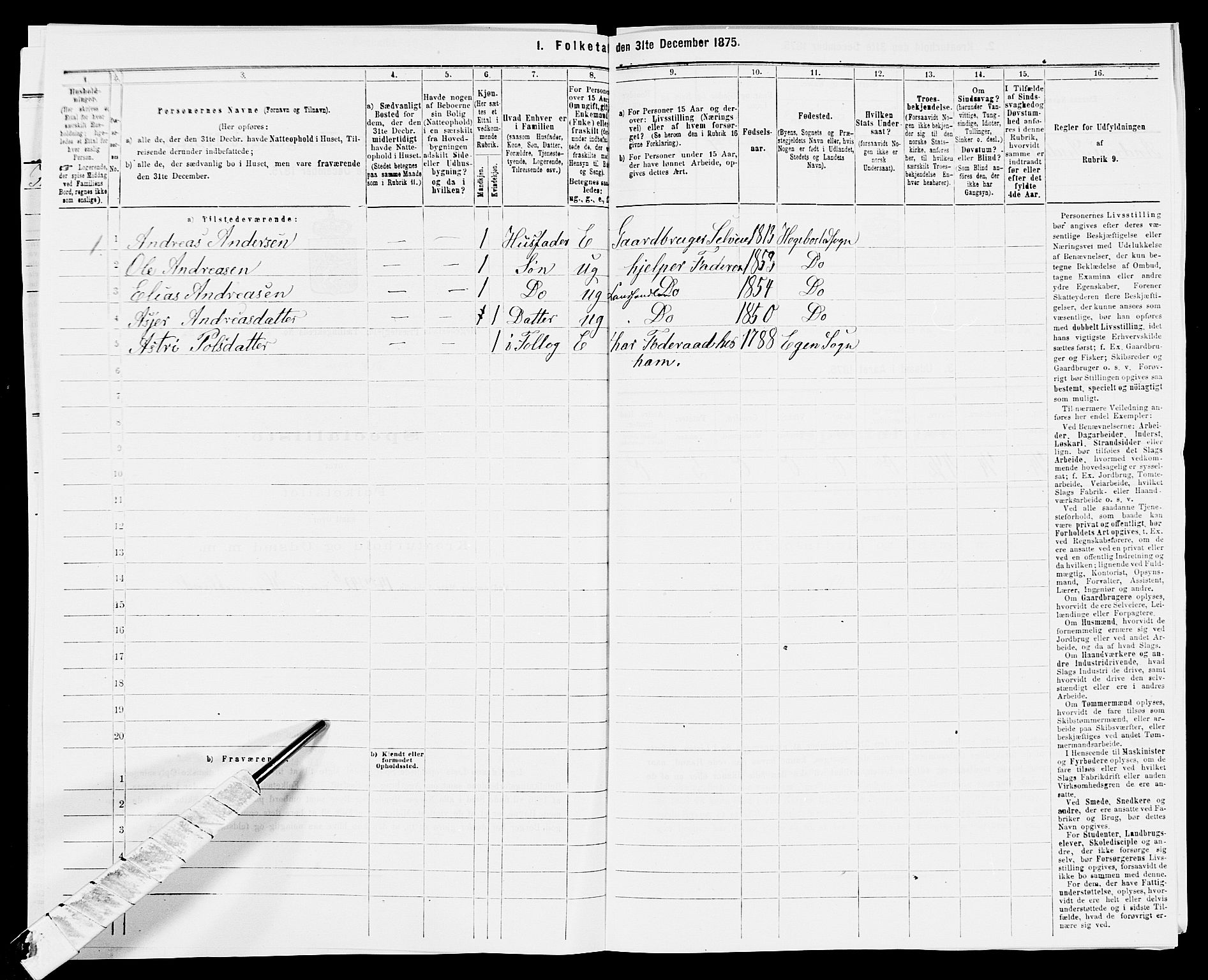 SAK, 1875 census for 1034P Hægebostad, 1875, p. 261