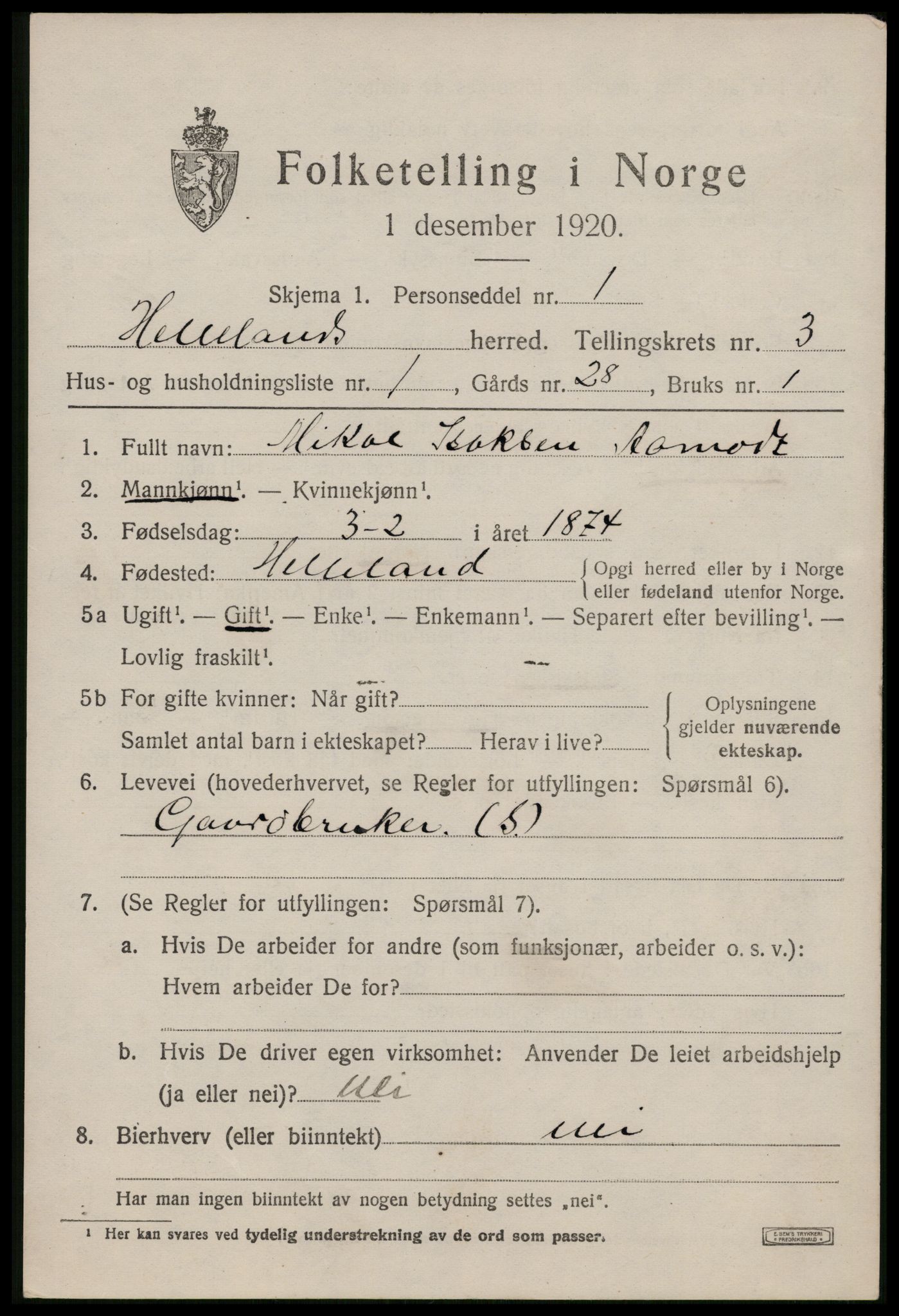 SAST, 1920 census for Helleland, 1920, p. 1573