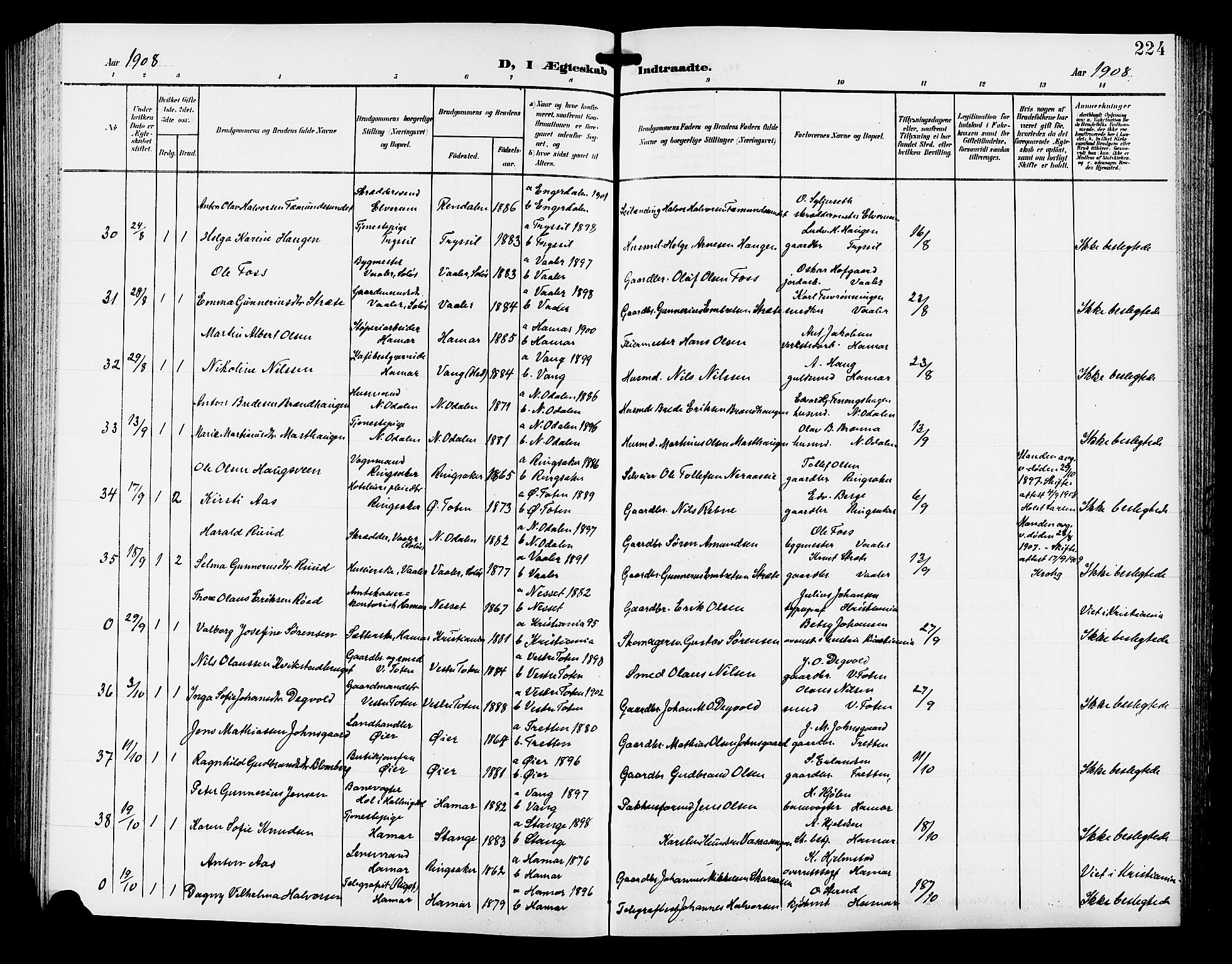 Hamar prestekontor, SAH/DOMPH-002/H/Ha/Hab/L0001: Parish register (copy) no. 1, 1899-1914, p. 224