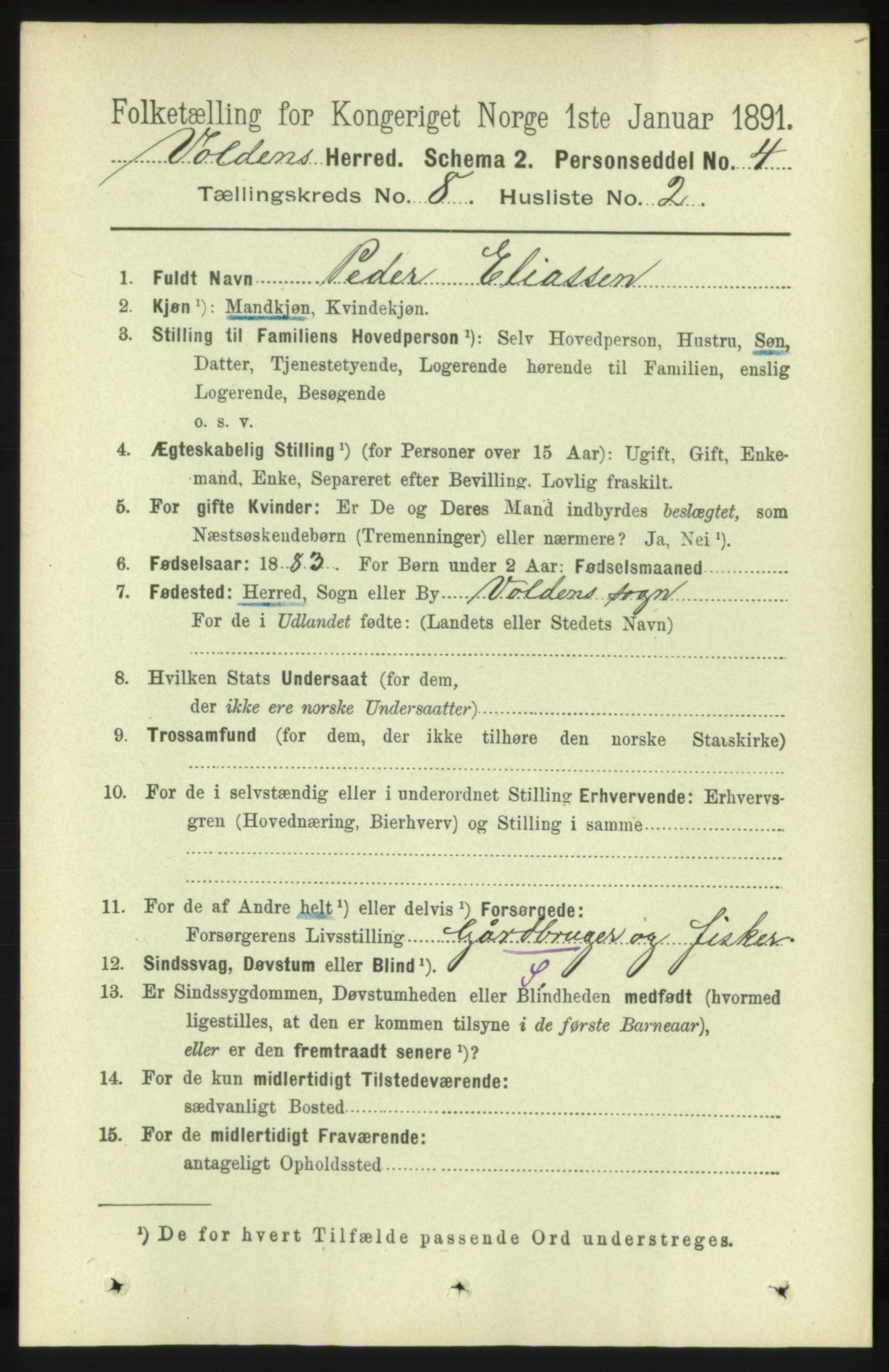 RA, 1891 census for 1519 Volda, 1891, p. 3835