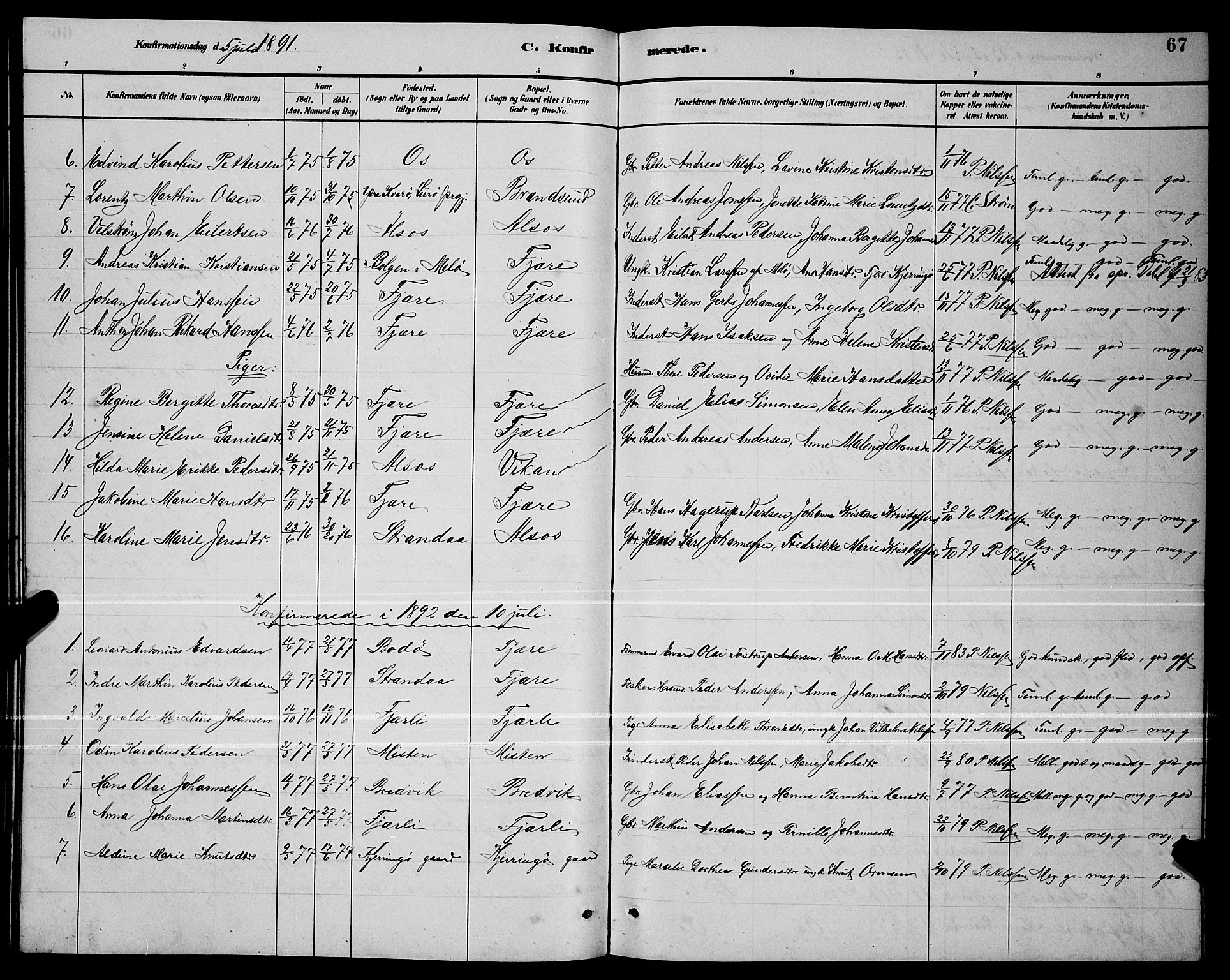 Ministerialprotokoller, klokkerbøker og fødselsregistre - Nordland, SAT/A-1459/803/L0076: Parish register (copy) no. 803C03, 1882-1897, p. 67