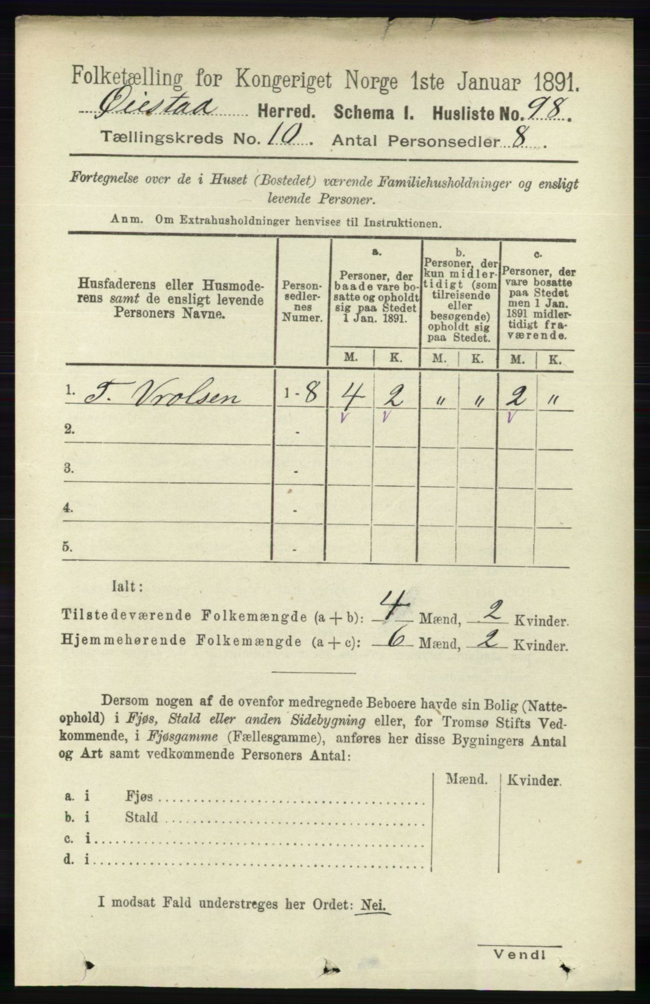 RA, 1891 census for 0920 Øyestad, 1891, p. 4164