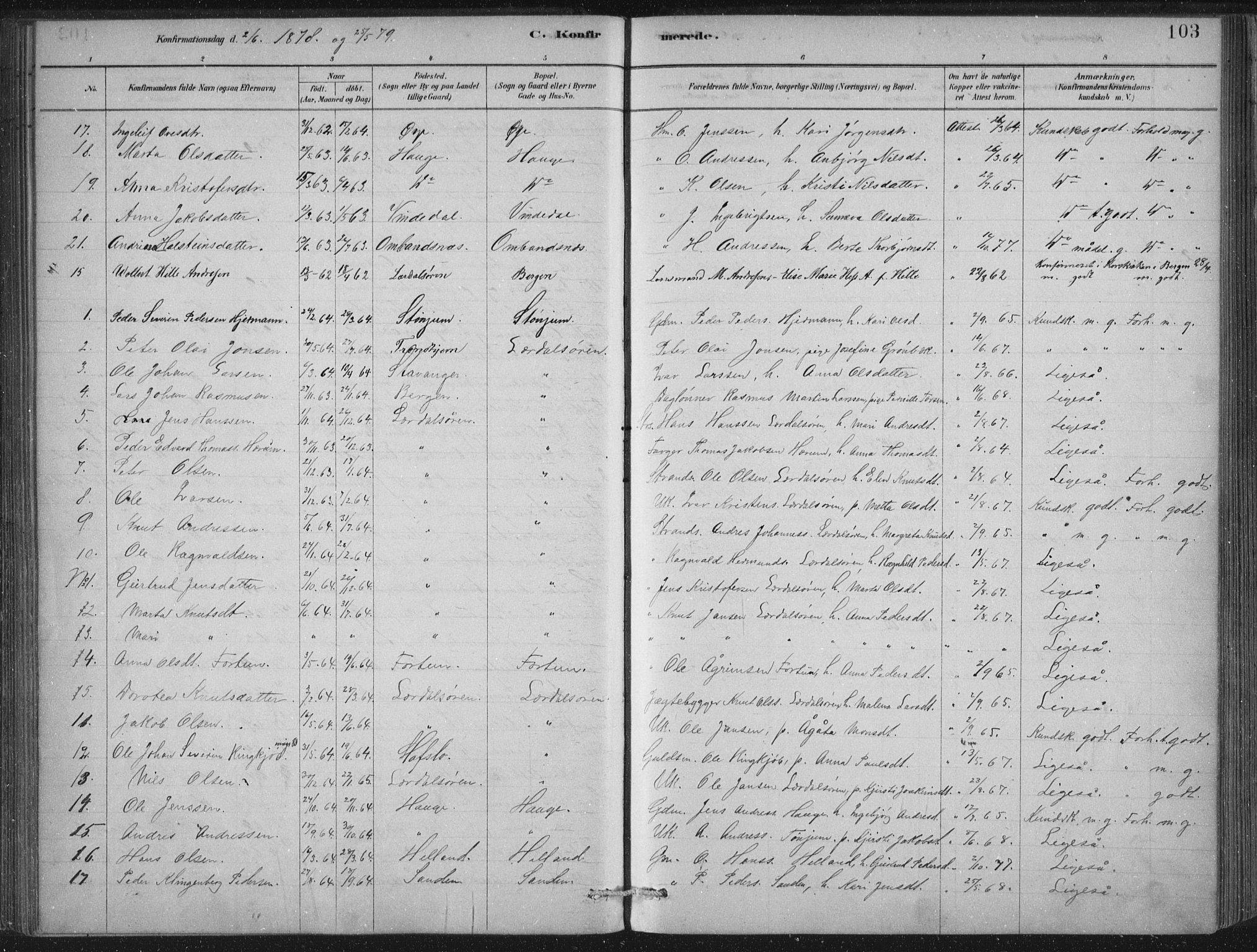 Lærdal sokneprestembete, SAB/A-81201: Parish register (official) no. D  1, 1878-1908, p. 103