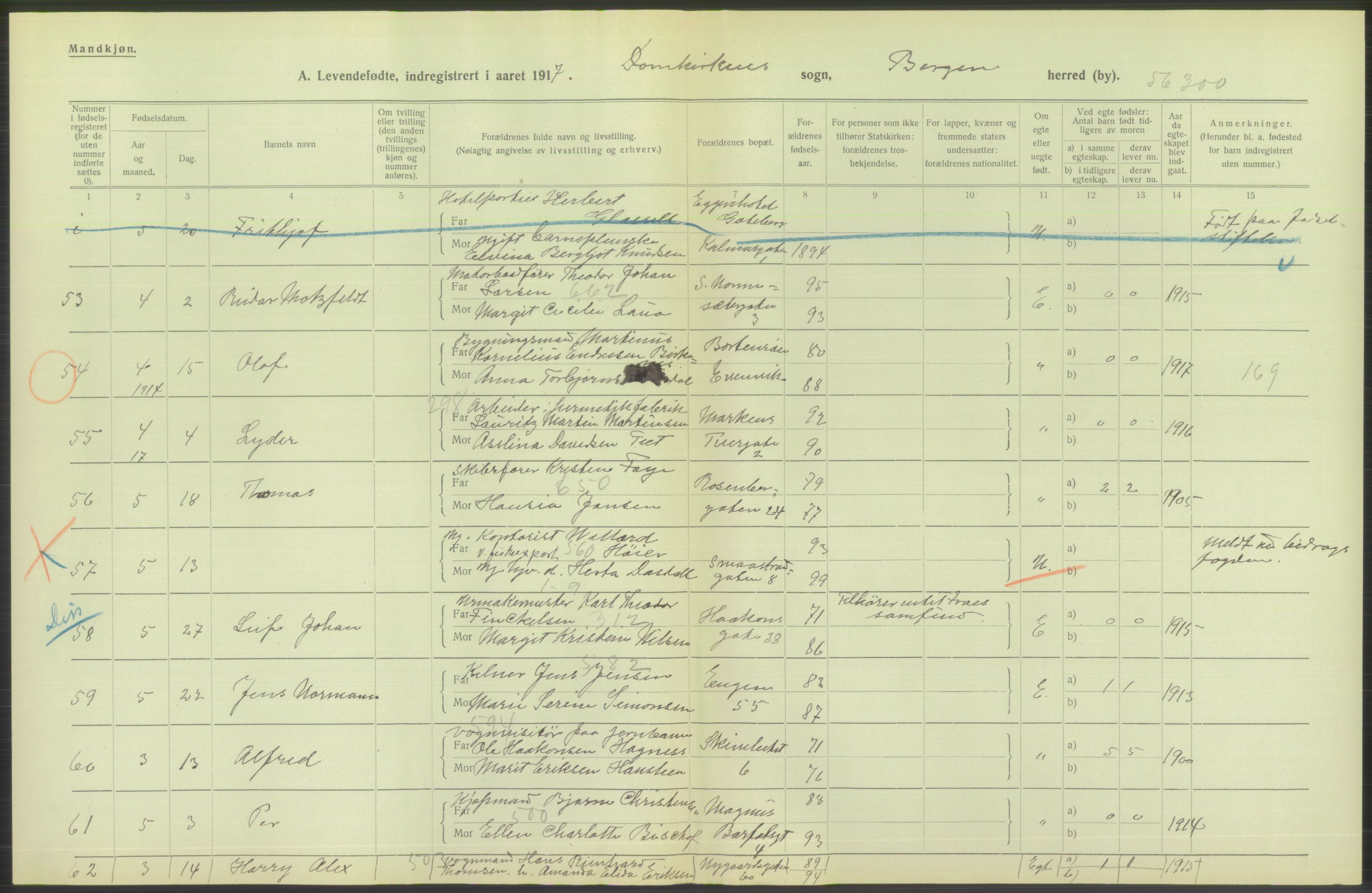 Statistisk sentralbyrå, Sosiodemografiske emner, Befolkning, AV/RA-S-2228/D/Df/Dfb/Dfbg/L0037: Bergen: Levendefødte menn og kvinner., 1917, p. 50