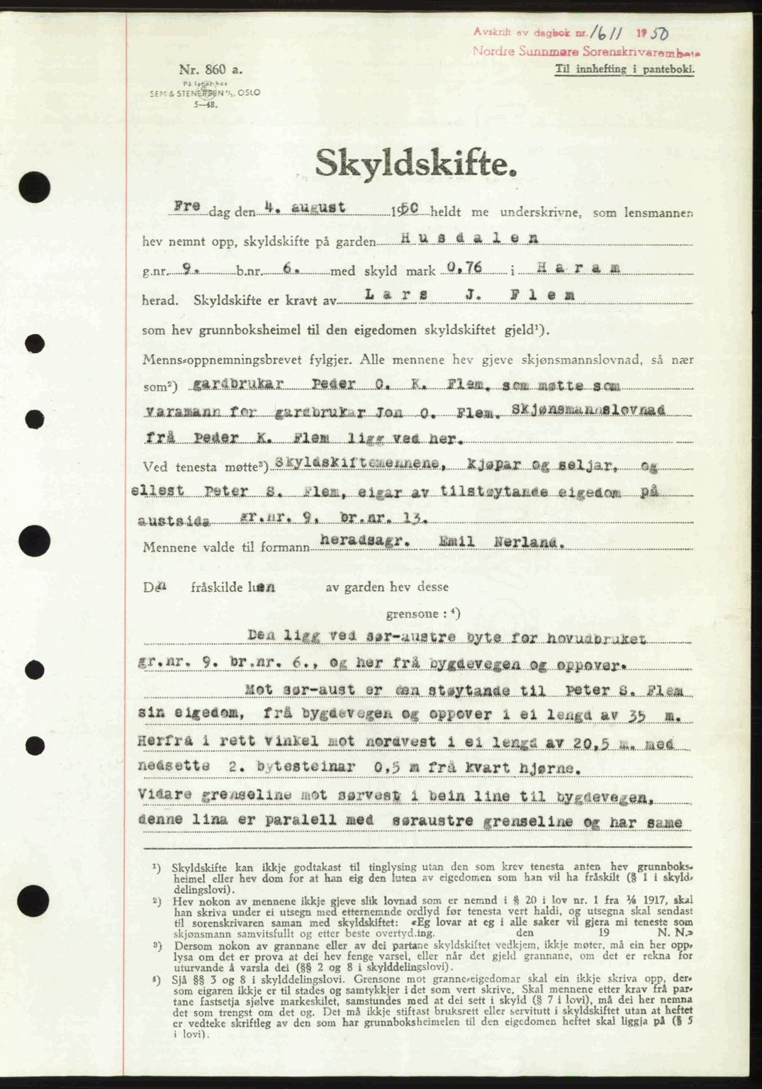 Nordre Sunnmøre sorenskriveri, AV/SAT-A-0006/1/2/2C/2Ca: Mortgage book no. A35, 1950-1950, Diary no: : 1611/1950