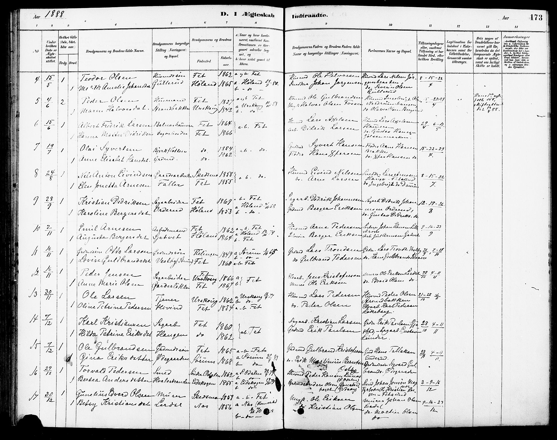 Fet prestekontor Kirkebøker, SAO/A-10370a/F/Fa/L0014: Parish register (official) no. I 14, 1878-1891, p. 173