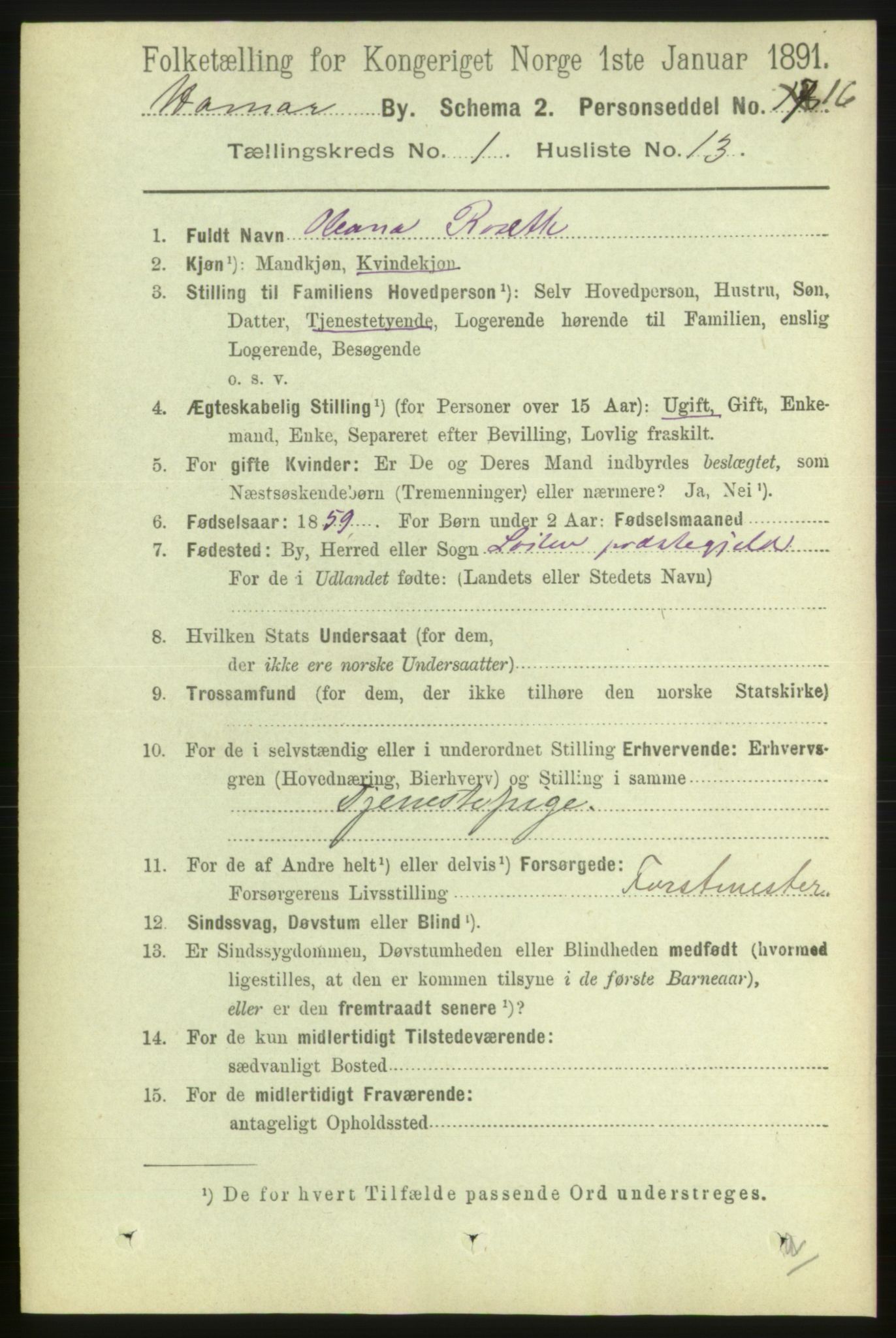 RA, 1891 census for 0401 Hamar, 1891, p. 186