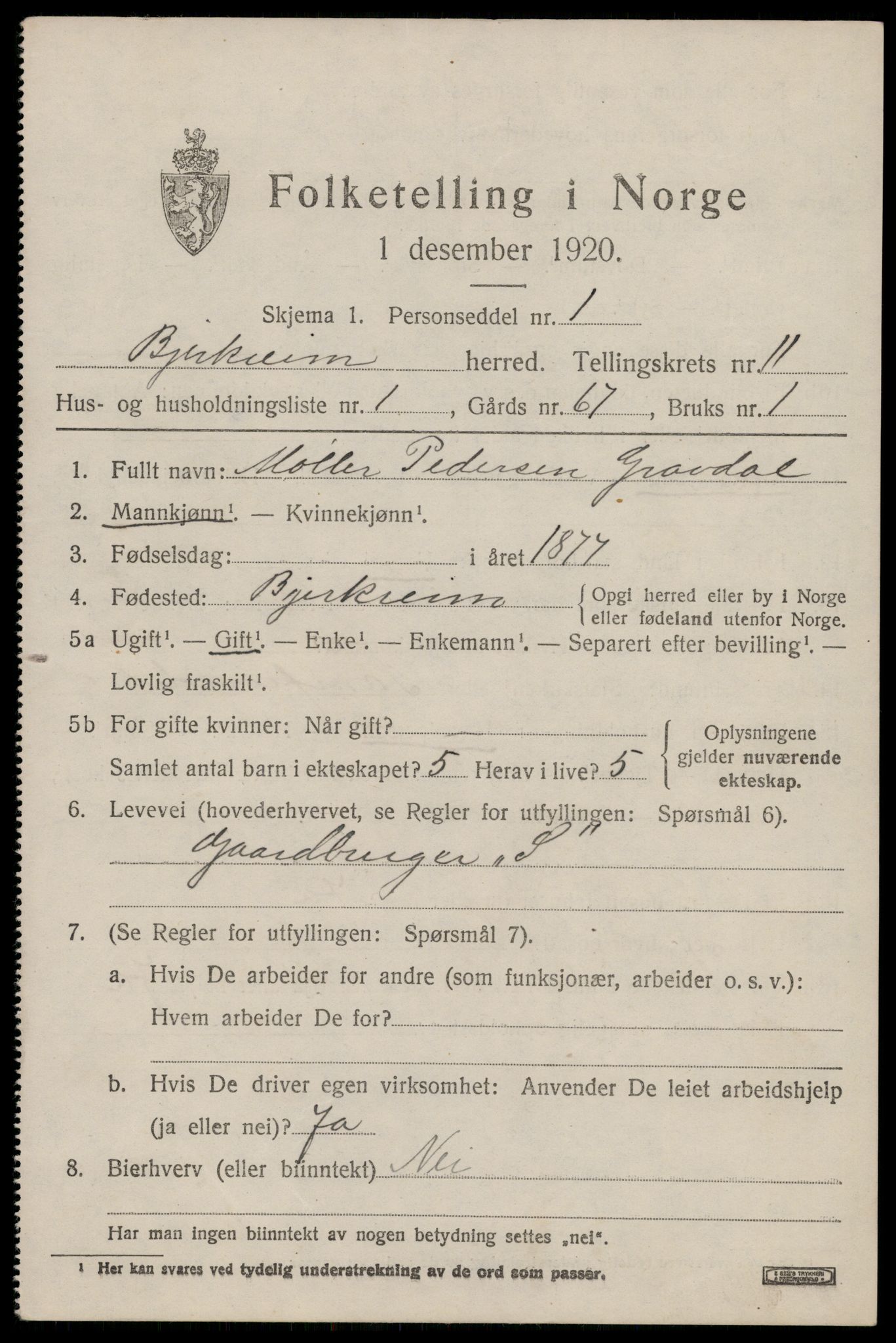 SAST, 1920 census for Bjerkreim, 1920, p. 3408