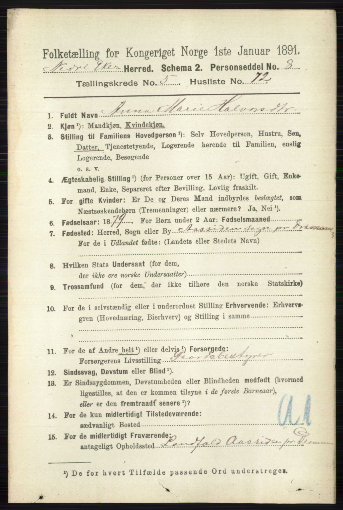 RA, 1891 census for 0625 Nedre Eiker, 1891, p. 2766