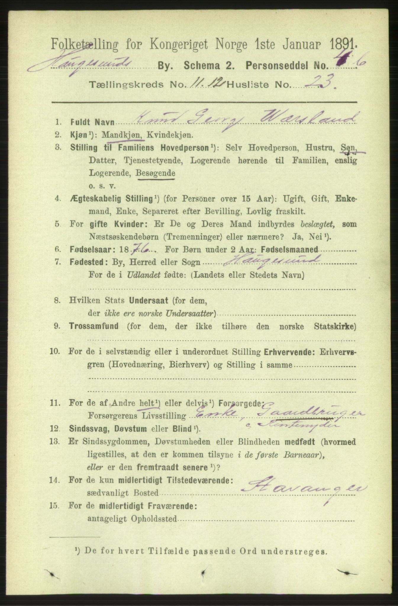 RA, 1891 census for 1106 Haugesund, 1891, p. 4240